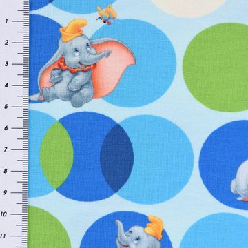 SCHÖNER LEBEN. Stoff Baumwolljersey Digitaldruck Disney Dumbo Kreise blau grün creme 1,5m, Digitaldruck