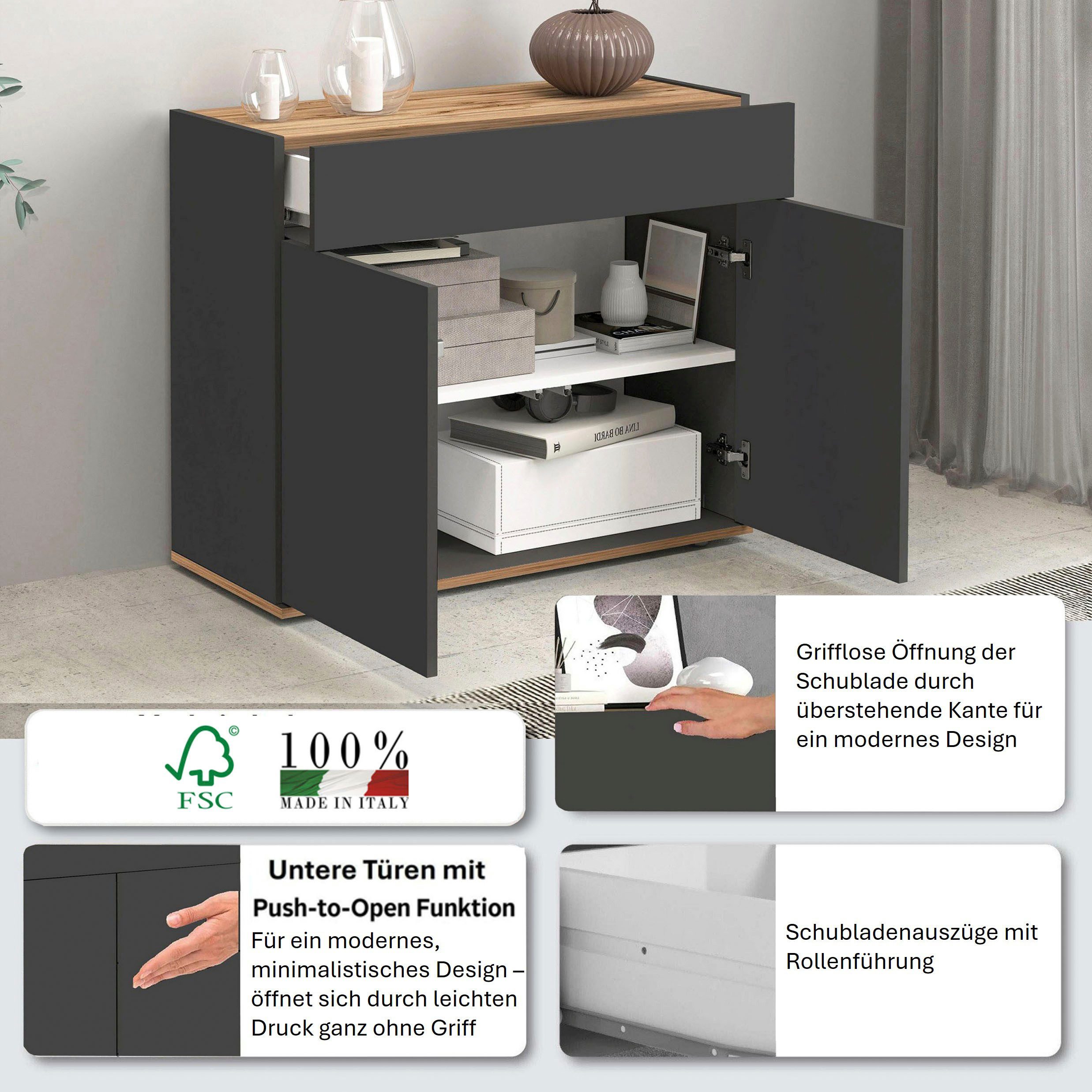 OTTO home Sideboard Garda, Kommode, Schrank, 2 Türen, 1 Schublade, Made in Italy, 2 Türen, 1 Schublade, grifflos, Breite 80,9 cm, anthrazit/eiche matt