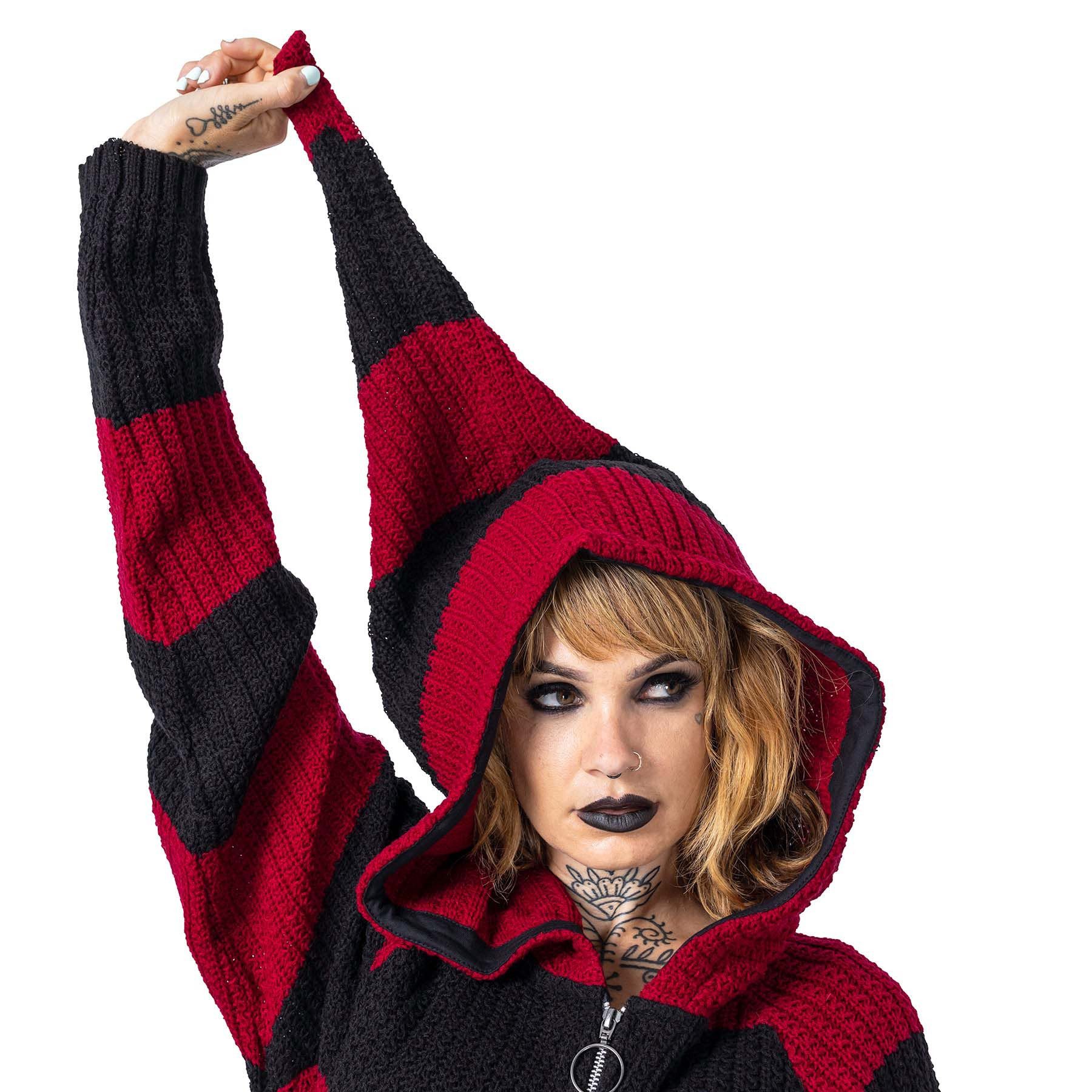 Poizen Industries Strickjacke Esther Cardigan Schwarz-Rot Gestreift Punk Gothic