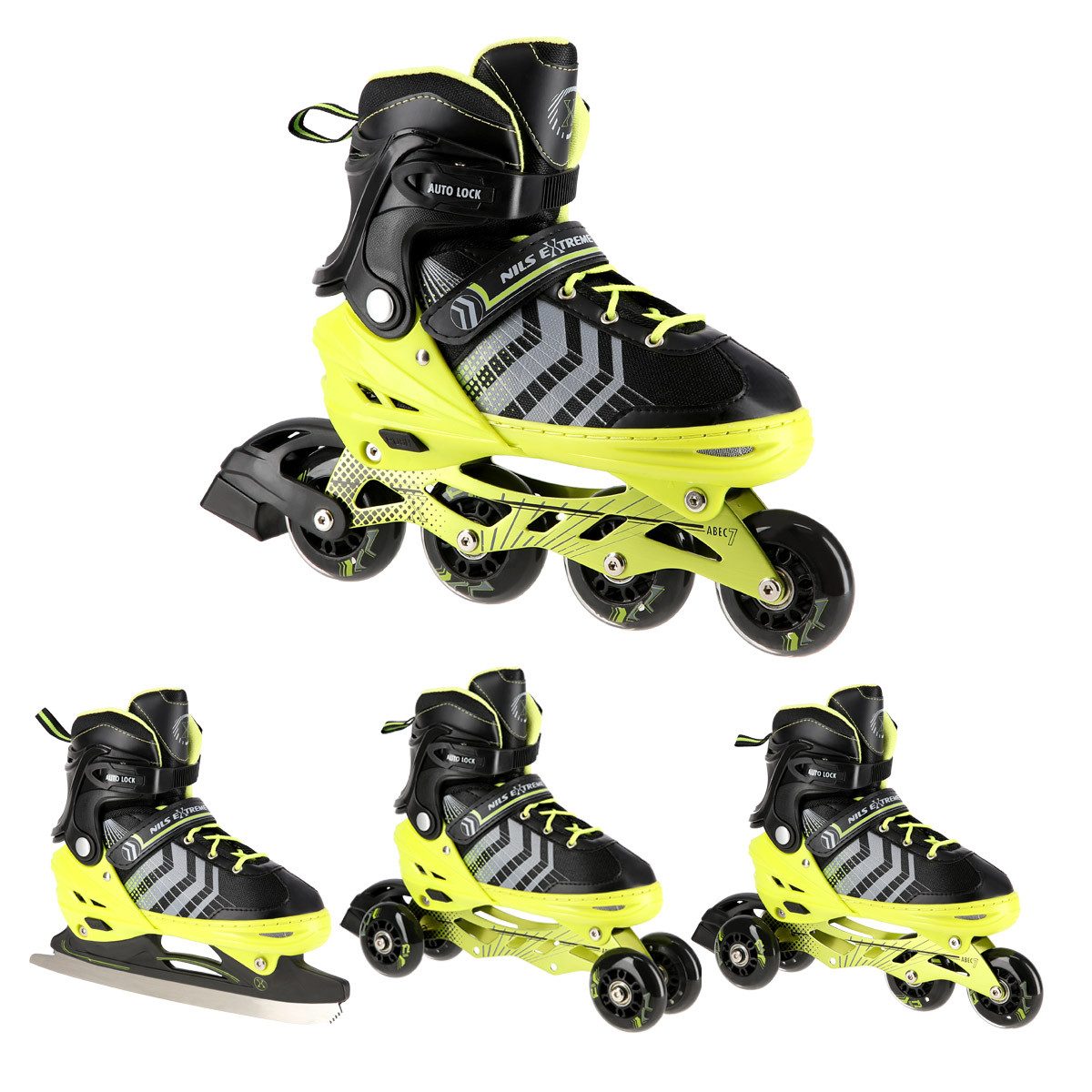 NILS EXTREME Inlineskates 4-IN-1 Inliner Schlittschuhe Rollschuhe wechselbare Kufen, Verstellbare Größe & verstellbare Rollen