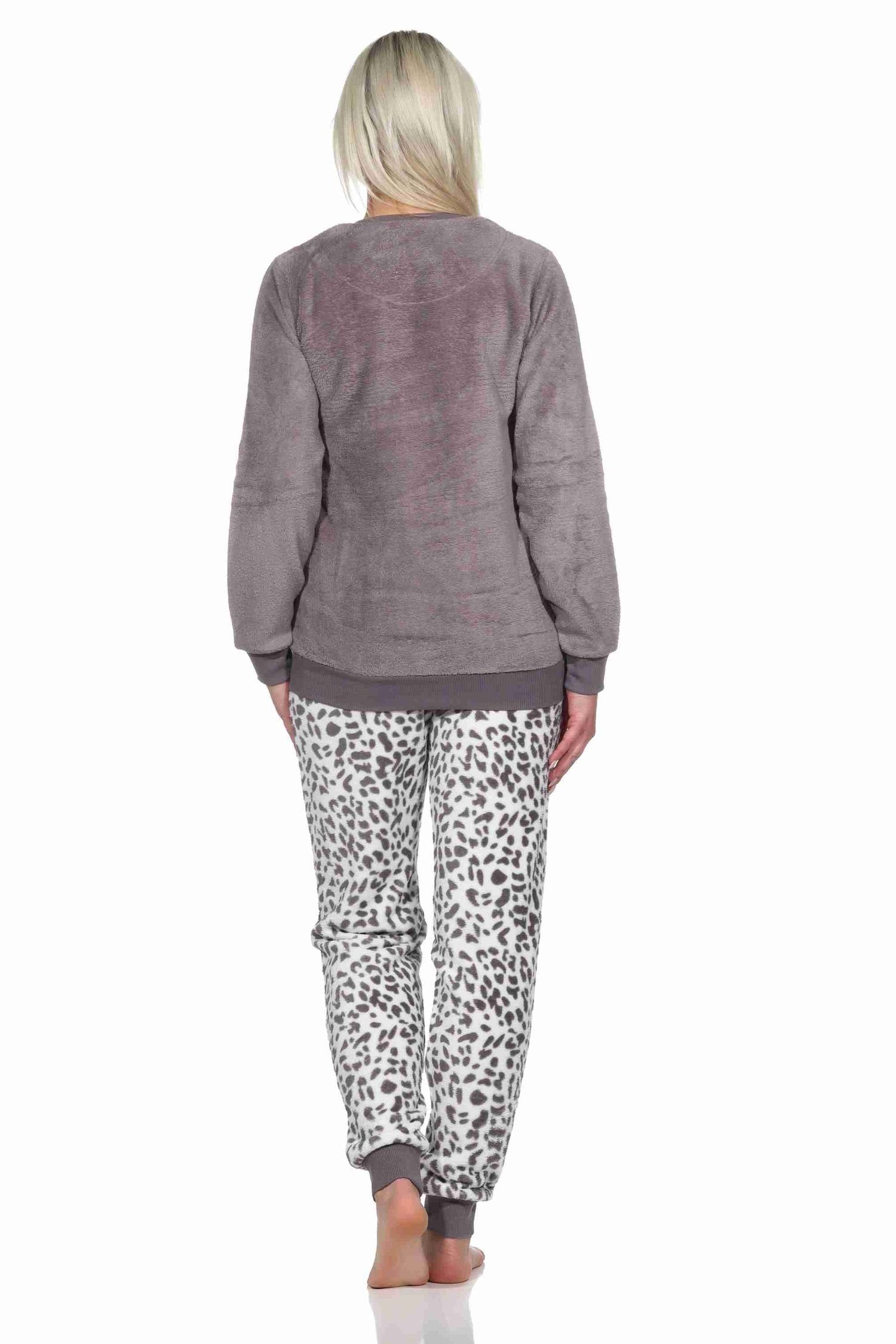 Normann aus Look im Schlafanzug Pyjama Animal Coralfleece braun Damen langarm Bündchen mit