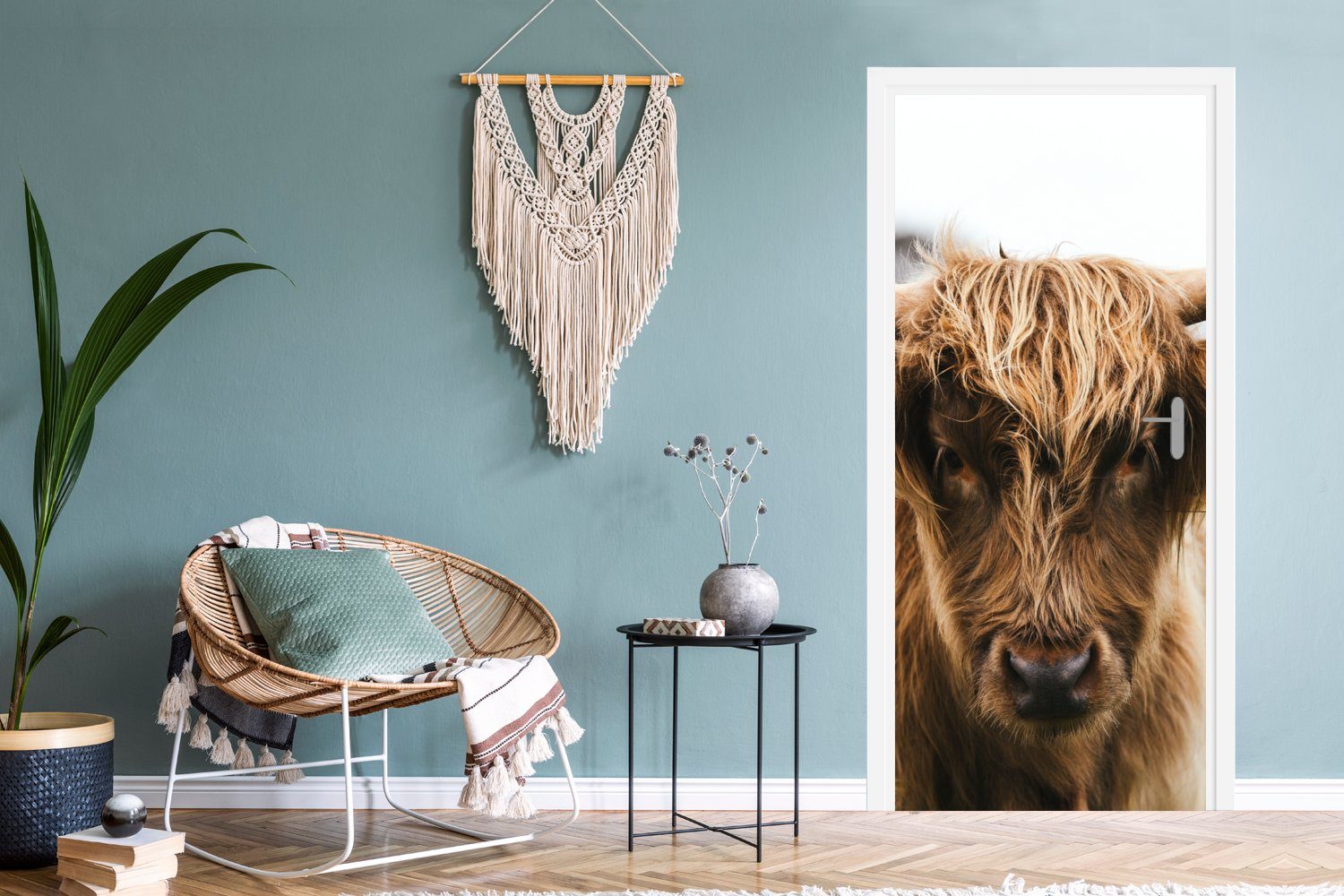 MuchoWow Türtapete Schottischer Highlander - Kuh Natur, - bedruckt, - Gras für Türaufkleber, Fototapete Tür, Matt, St), cm - (1 75x205 Tiere