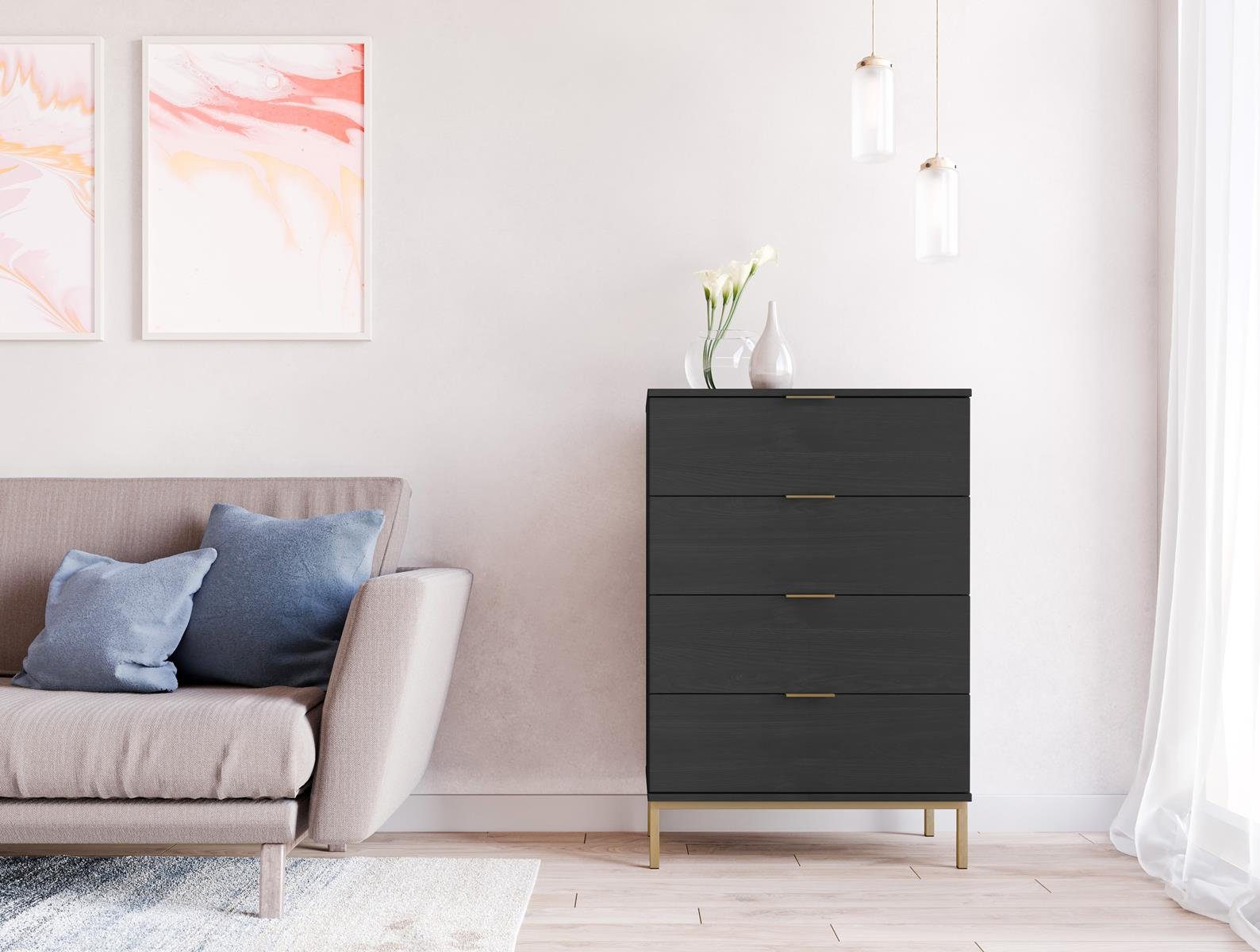 Beautysofa Kommode Pula II (Hochkommode für Wohnzimmer, Goldbeige Metallgriffe), mit 4x Schubladen, hohe Sideboard im modernes Stil Schwarz