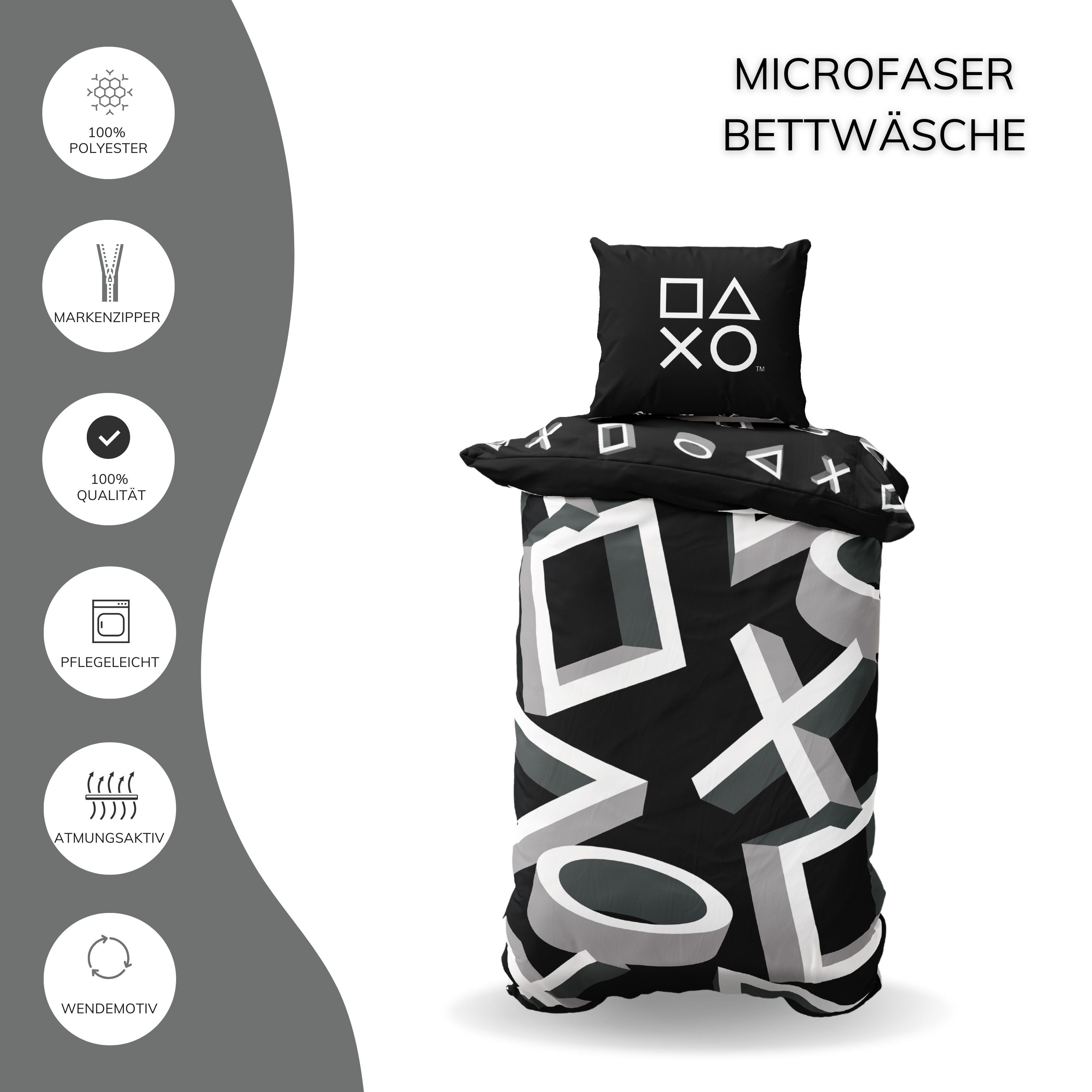 MTOnlinehandel Bettwäsche Playstation Icons, das perfekte Geschenk, Mikrofaser, 2 teilig, Wende- Motiv in 3D- Optik für Gamer, Play – Bild 4 von 5