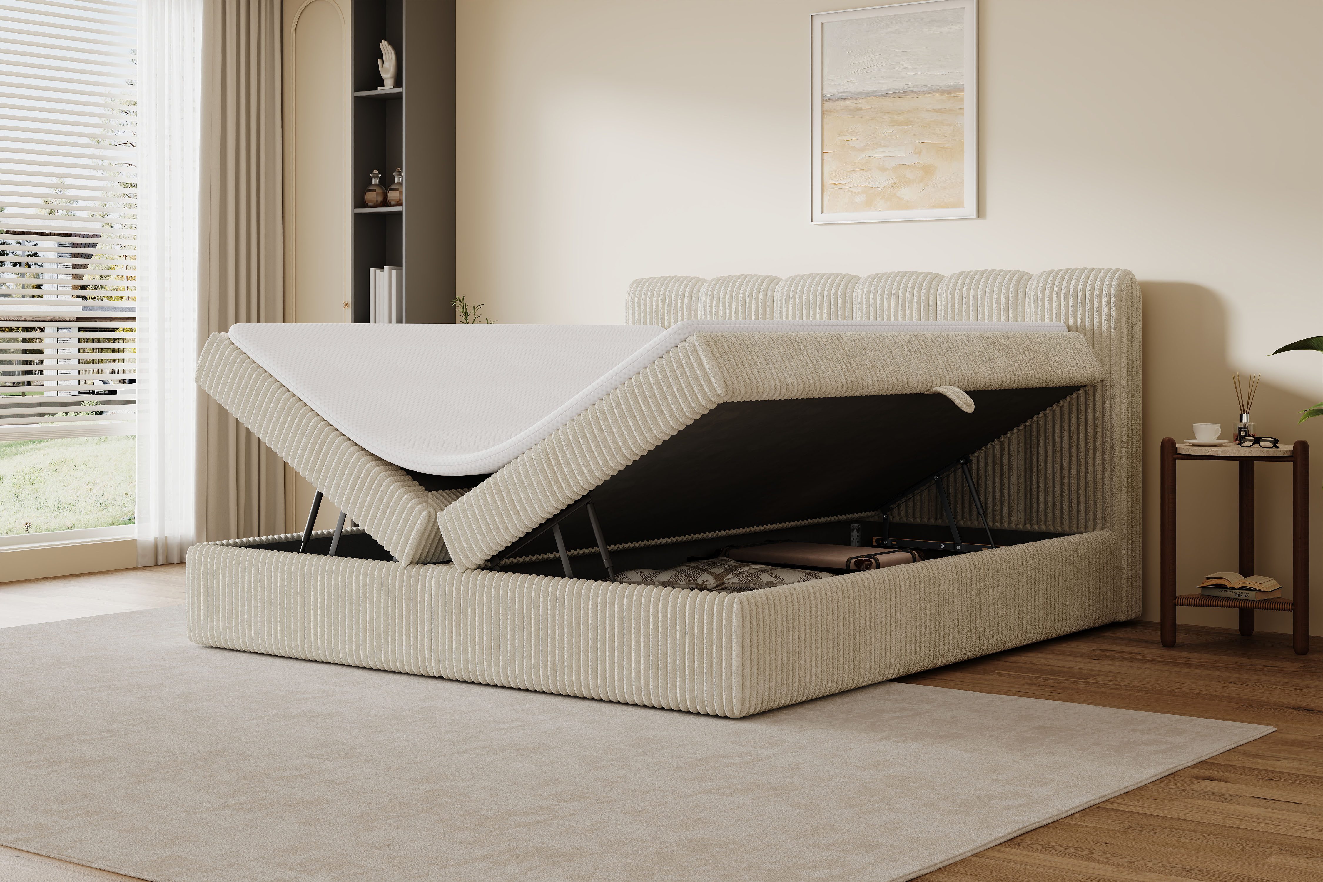 OTTO home Boxbett SIVVA in der Breite 180cm, flauschiger Breitcord, Farbe: cream, inkl. Taschenfederkernmatratze (H3) & Topper (4cm) – Bild 2 von 5
