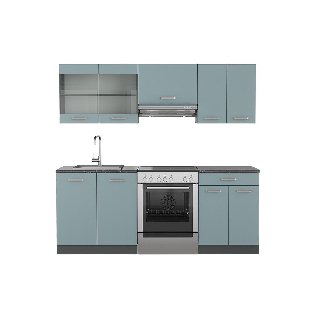 Livinity® Küchenzeile R-Line, Blau-Grau/Anthrazit, 200 cm, AP Anthrazit