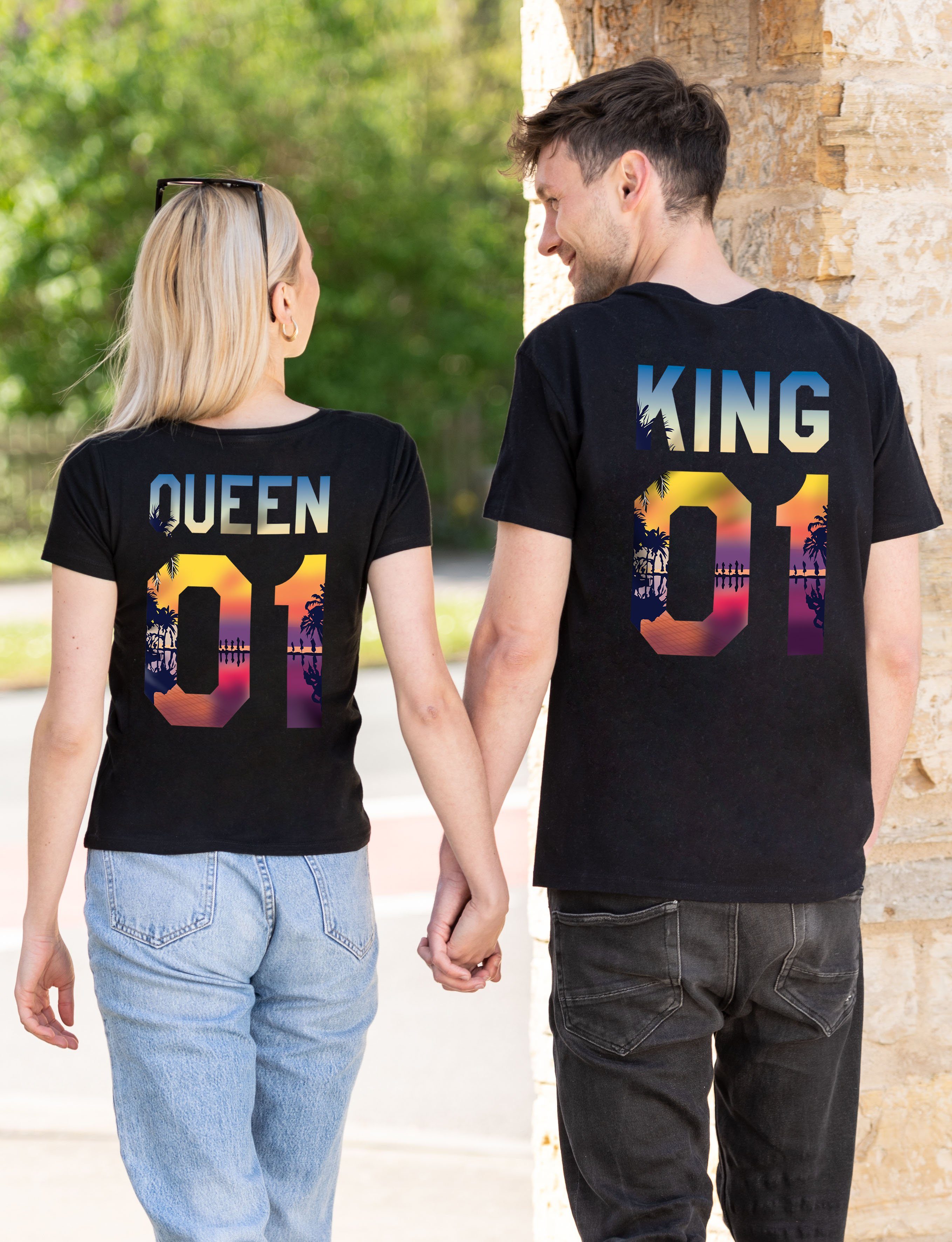 für KING Print modischem / Couples T-Shirt QUEEN Schwarz KING mit T-Shirt Shop Paare &