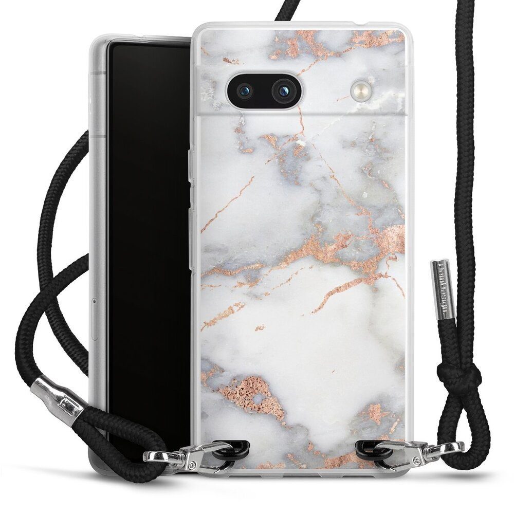DeinDesign Handyhülle Gold Marmor Glitzer Look White and Golden Marble Look, Google Pixel 7a Handykette Hülle mit Band Case zum Umhängen