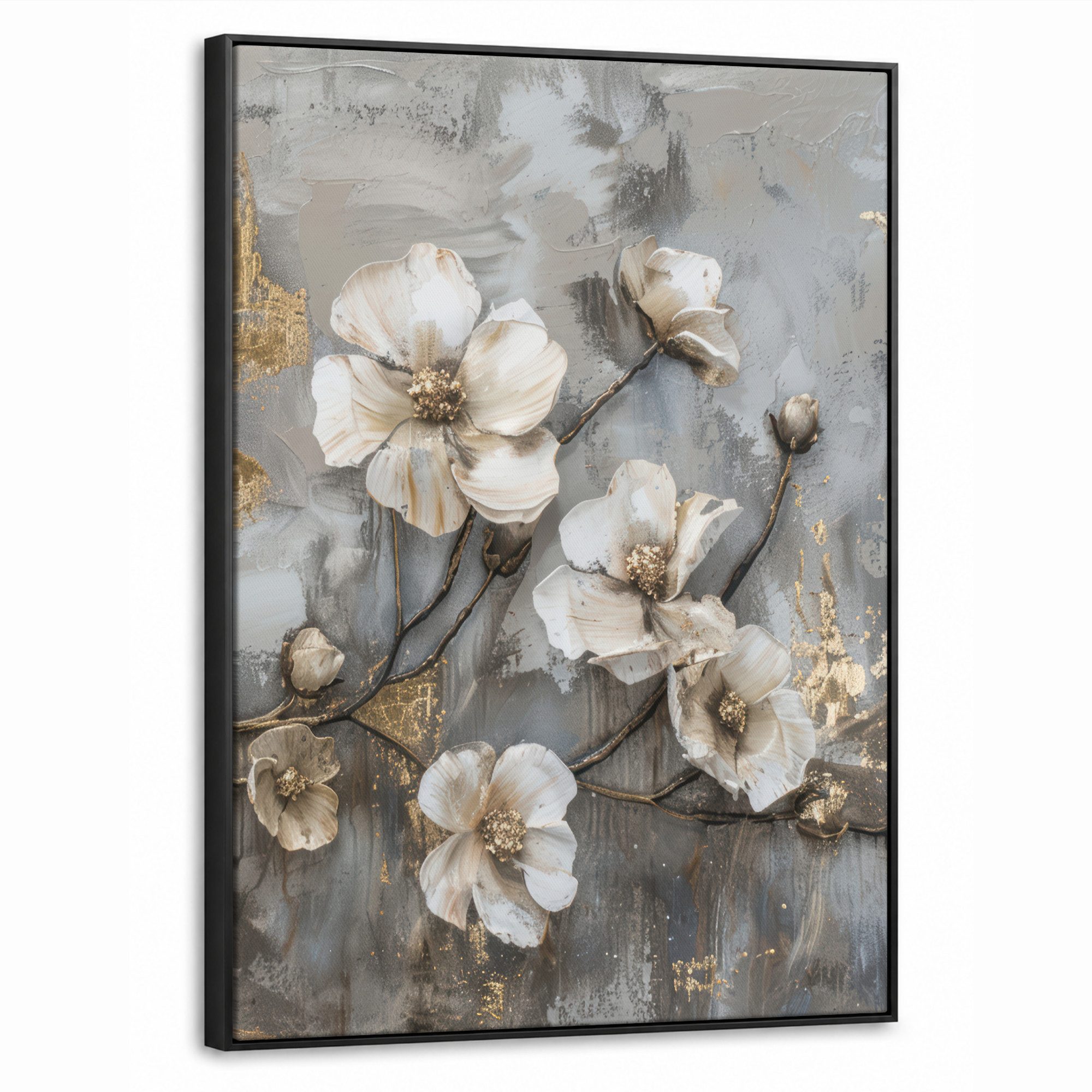 OneMillionCanvasses® Leinwandbild mit Rahmen - Blumen - Weiß - Grau - Gold - Luxus, Fotodruck (1 St), Wanddeko,Schattenfugenrahmen, Wohnzimmer Schlafzimmer 50x70cm