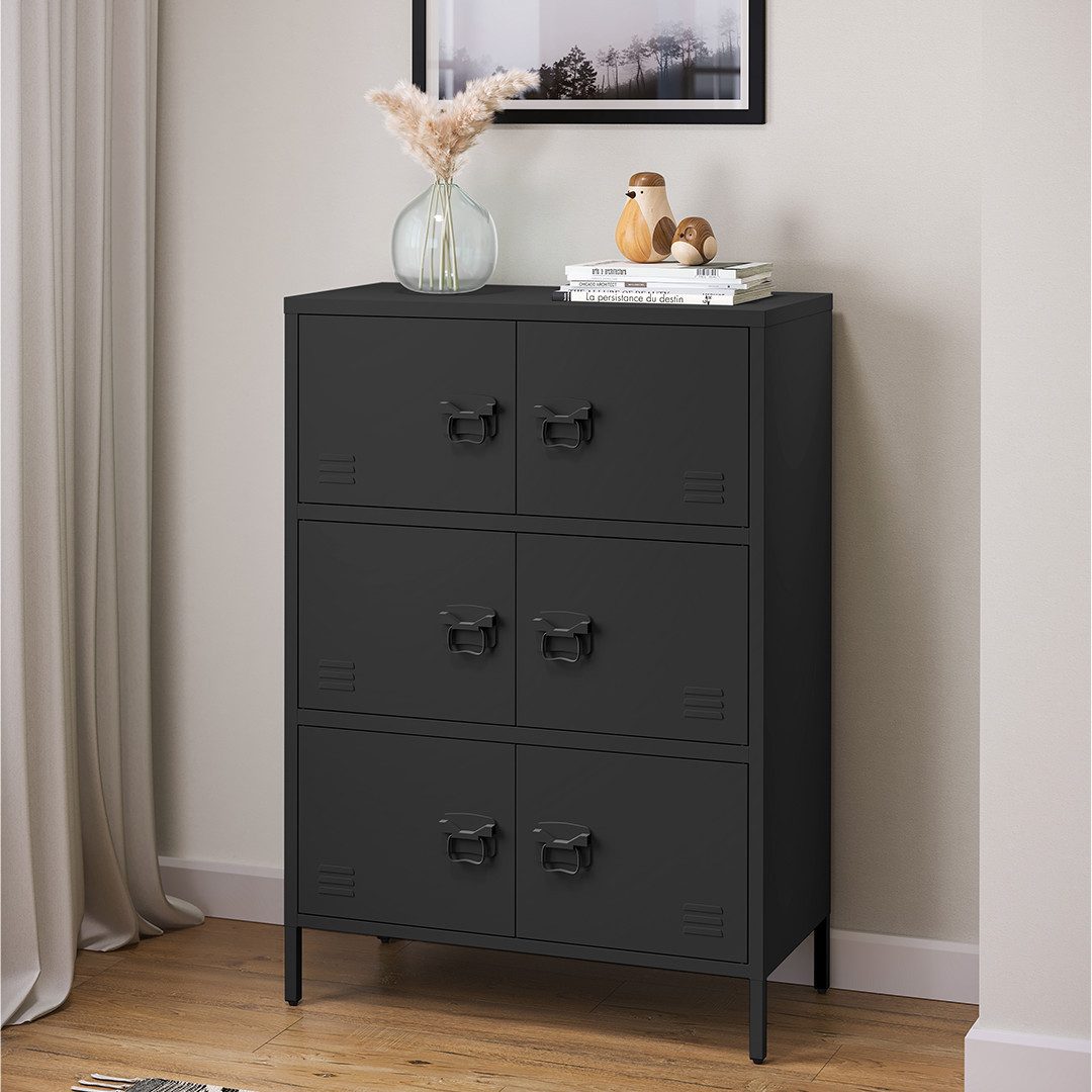 skølm Kommode Zandor aus Metall (Schwarz, 3 Fächer & 6 Türen), Sideboard 113,5x80x38 cm, Metallschrank auch verfügbar mit 2 Fächern