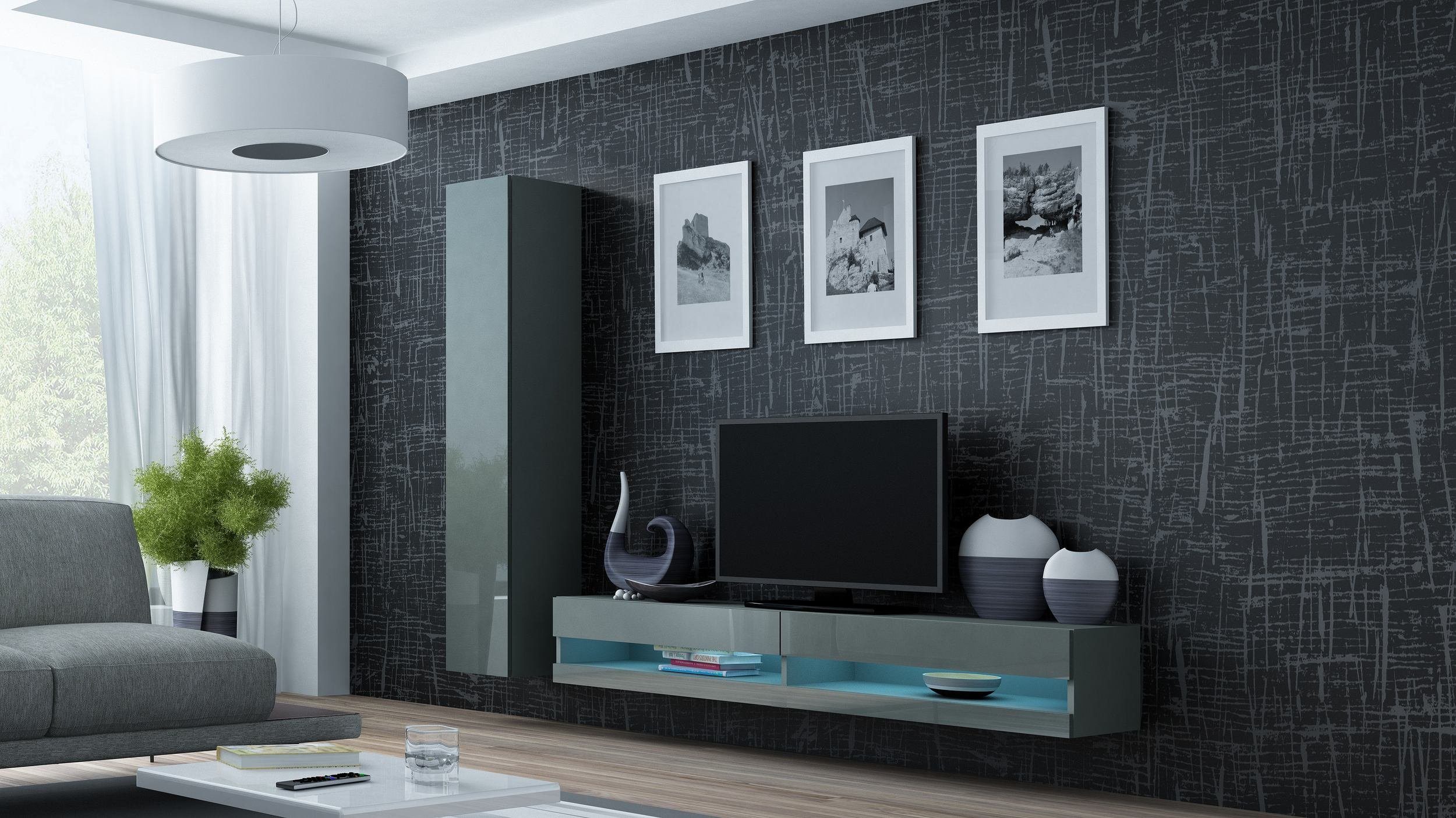 Stylefy Wohnwand Vago New IX, (Set (3-St), Wohnmöbel, Wohnzimmer-Set), bestehend aus 1xLowboard und 1xHängeschrank, Hochglanzfronten, mit Push-to-Open, Modern Design Grau Matt - Grau Hochglanz