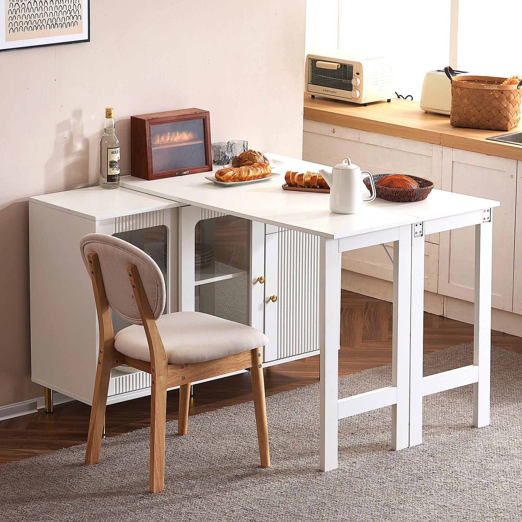 IDEASY Sideboard mit klappbarer und ausziehbarer Tischplatte, Buffet, Stehtisch (drehbarer Oberfläche, Glasschiebetüren und Wellenmuster), Kann als Kommode, Schreibtisch, Esstisch verwendet werden