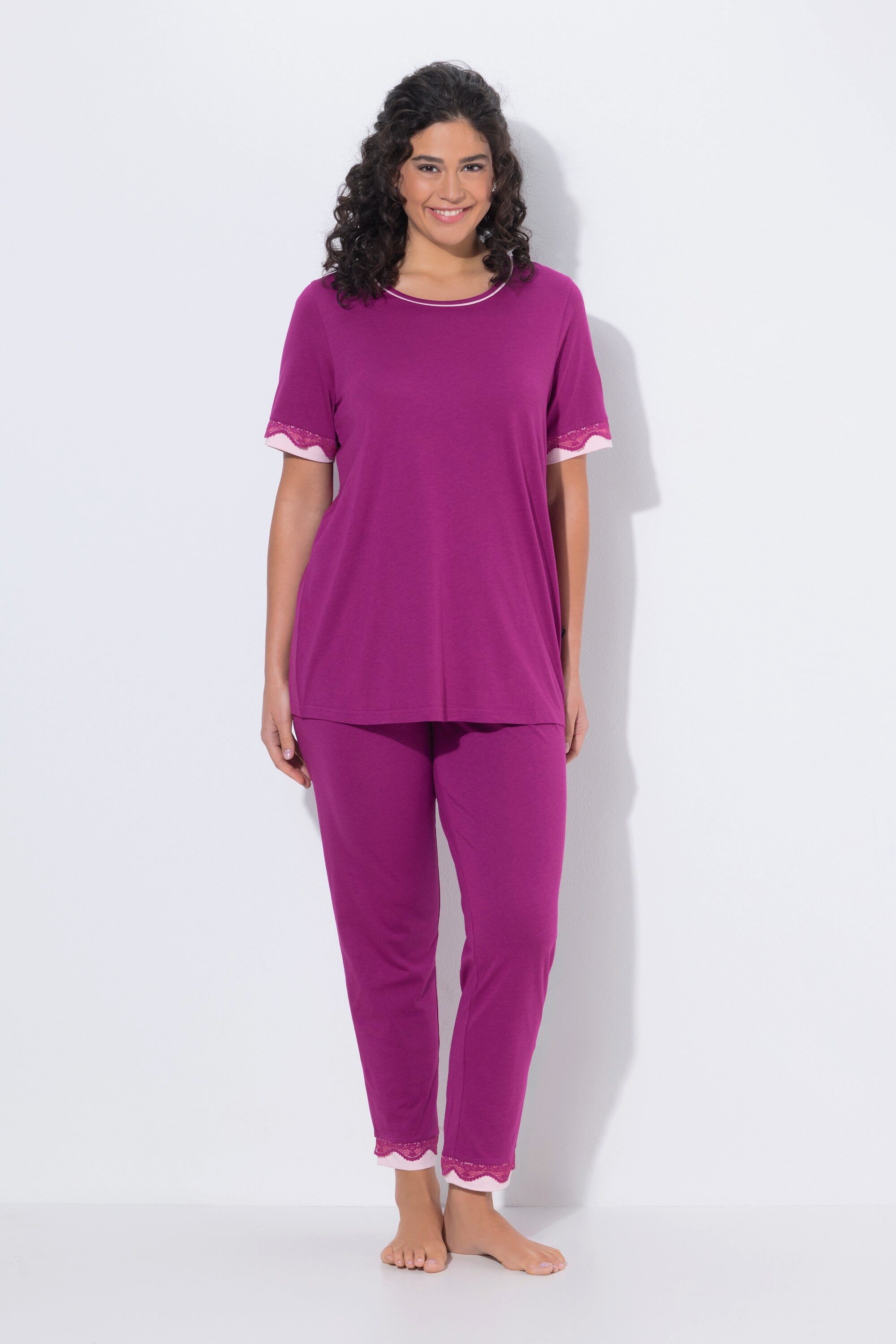 Ulla Popken Pyjama Pyjama Spitzenkanten Rundhals Halbarm