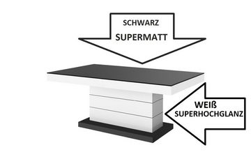 designimpex Couchtisch H-333 Schwarz MATT / Weiß HOCHGLANZ höhenverstellbar ausziehbar