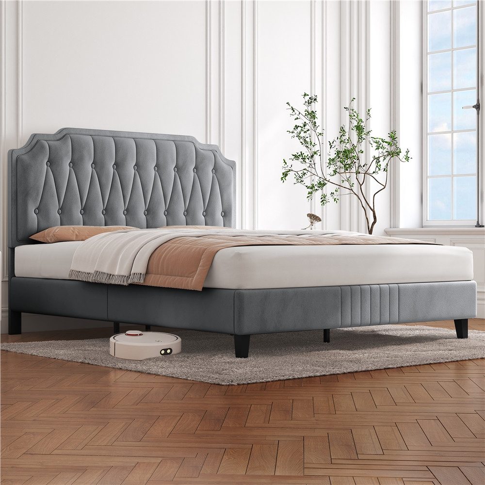 Yaheetech Polsterbett Bettgestell, Doppelbett 140 × 200 cm, mit höhenverstellbarem Kopfteil