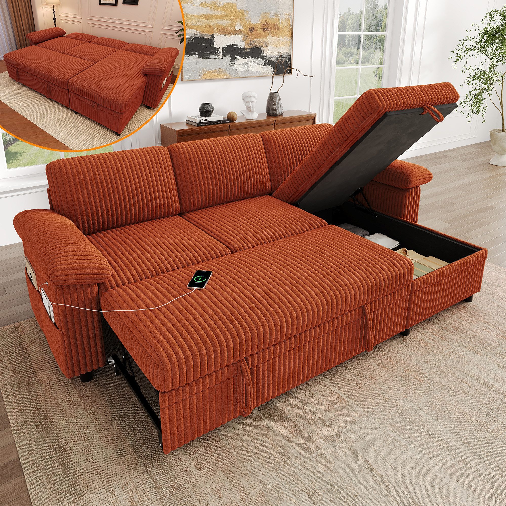 Merax Ecksofa mit Schlaffunktion, ausziehbares Schlafsofa mit Stauraum-Ottomane, links/rechts montierbar Ecksofa Couch 1 Teile, Sofa mit verstellbarer Rückenlehne, USB/Type-C Ladeanschluss,Cordstoff