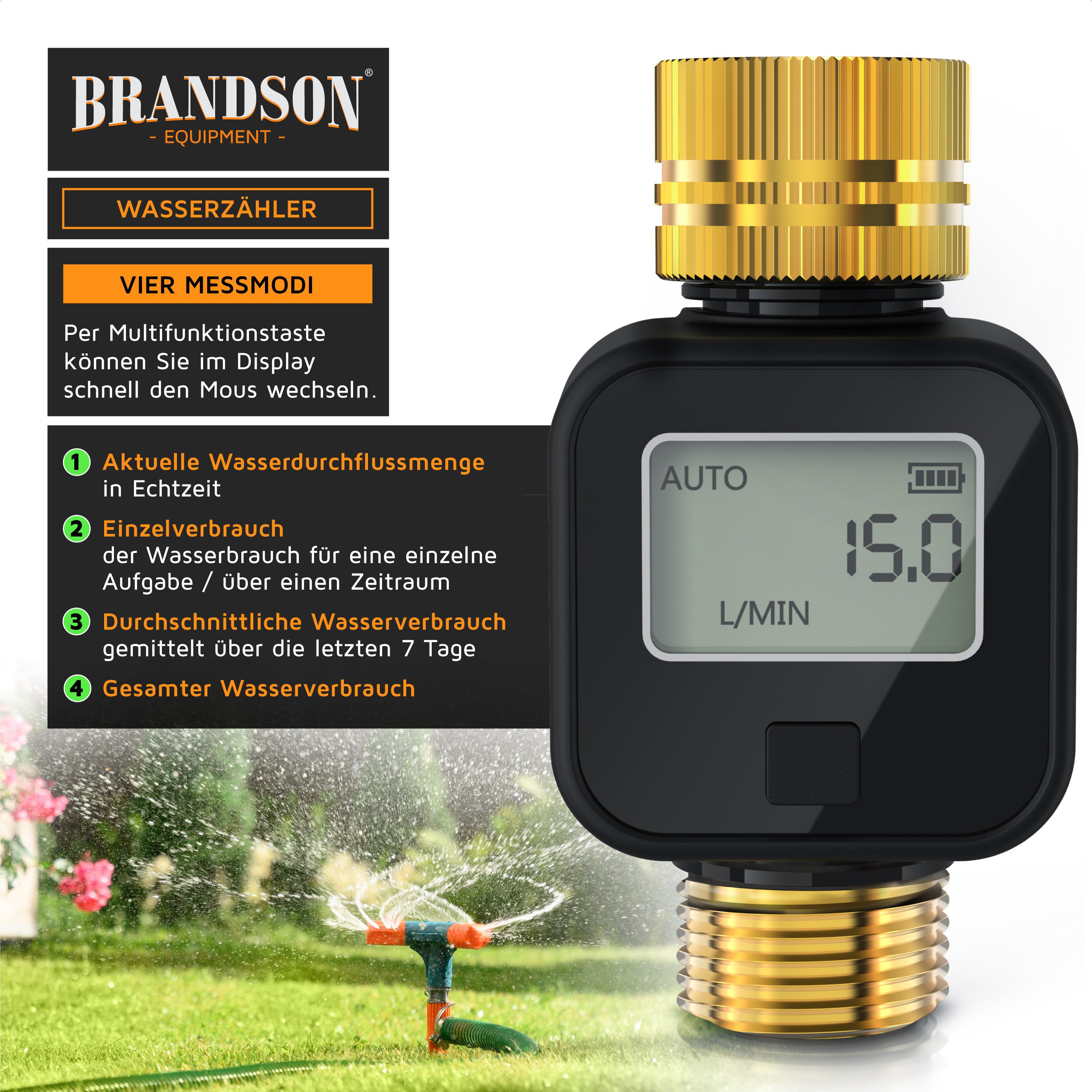 Brandson Wasserzähler Wassermengenzähler digital 3/4 Zoll, Wasseruhr Garten Durchflussmesser, (1-tlg), Display, 4 Modi, Liter/Gallone, Sleepmodus, IPX5, Batteri – Bild 3 von 5