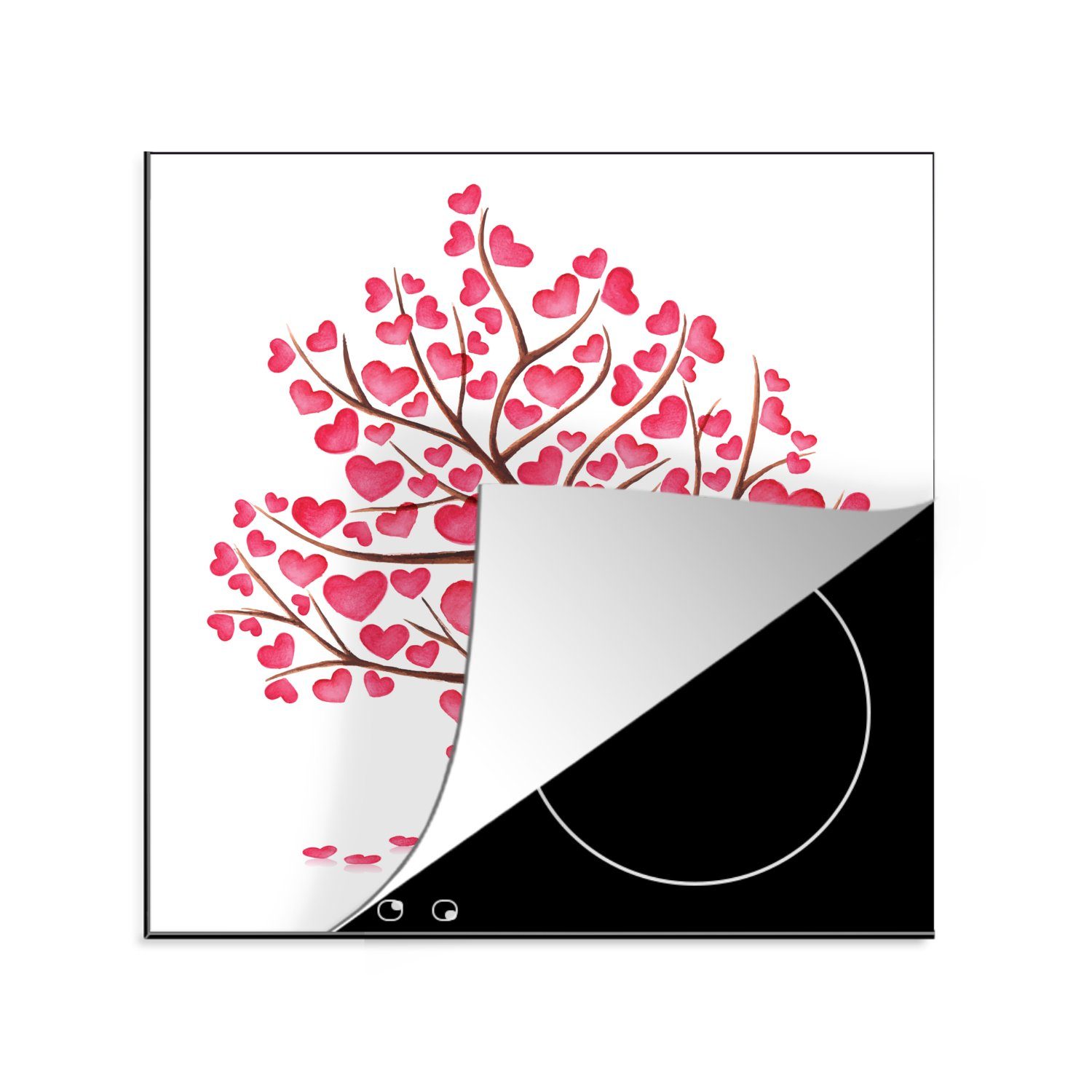 MuchoWow Herdblende-/Abdeckplatte Eine Illustration eines Baumes mit Herzen, Vinyl, (1 tlg), 78x78 cm, Ceranfeldabdeckung, Arbeitsplatte für küche | Herdabdeckplatten