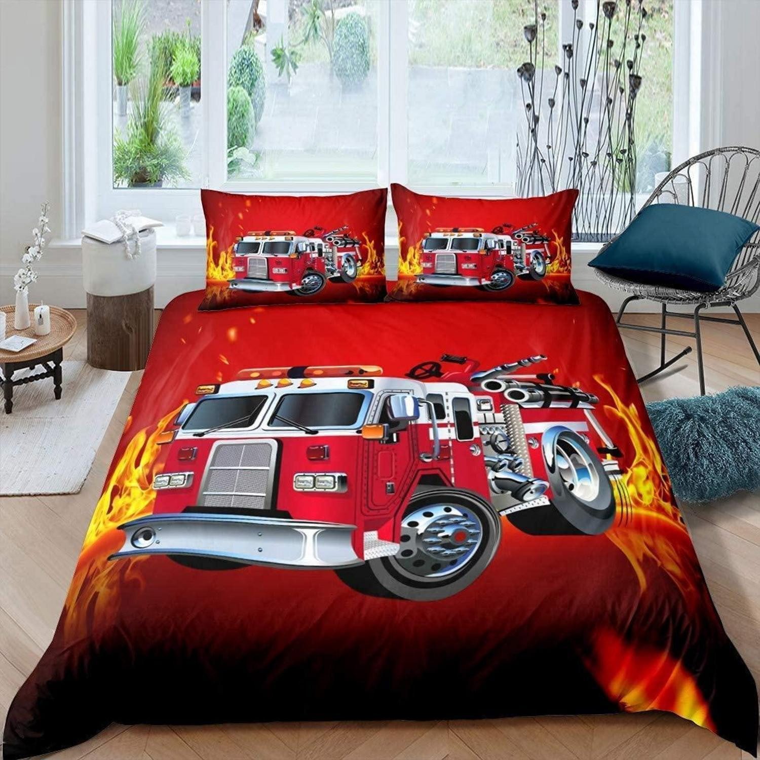 LuxusKollektion Kinderbettwäsche Feuerwehr Bettwäsche 135x200cm Rot mit 1 Kissenbezug