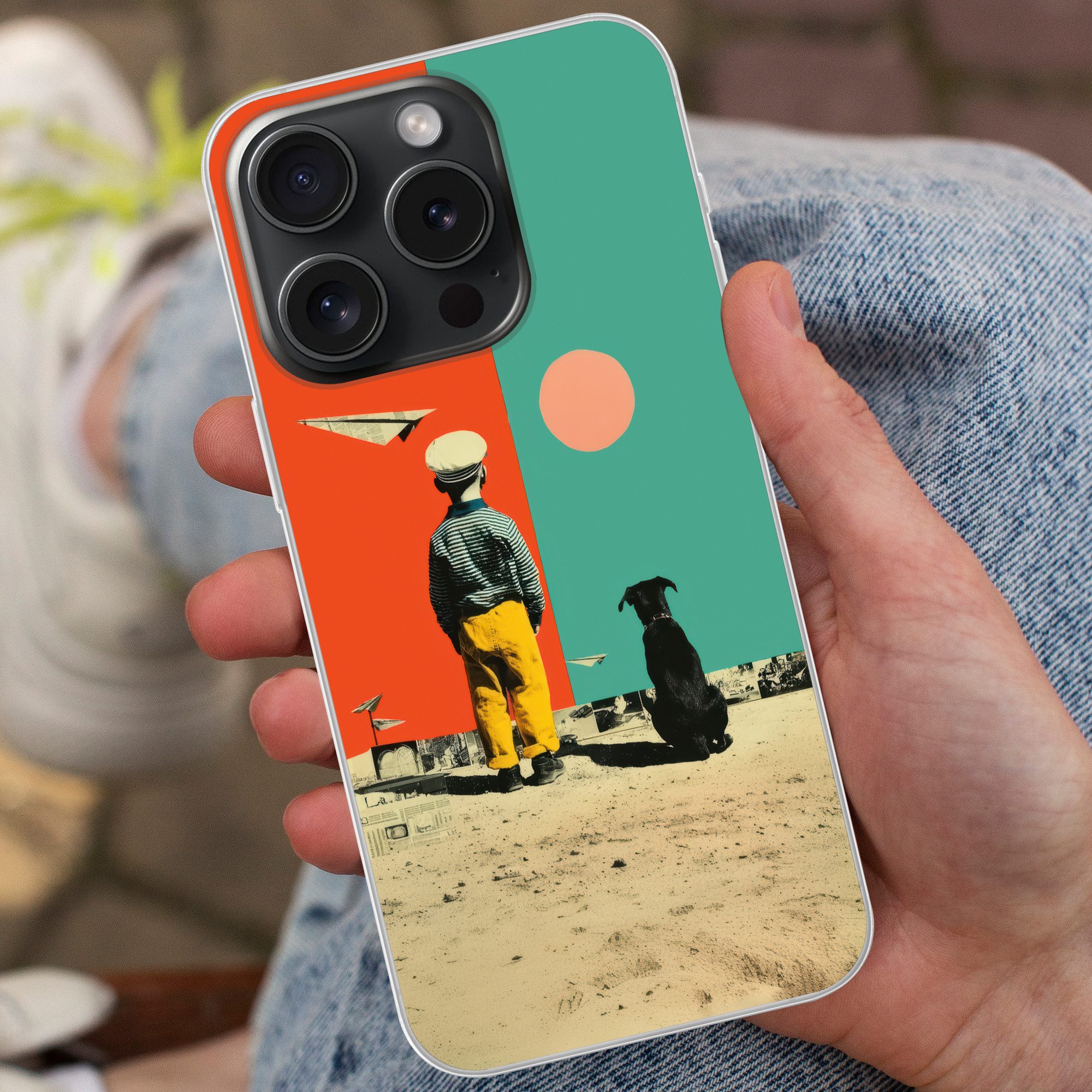 MuchoWow Handyhülle für Apple iPhone 15 Pro Retro - Junge - Hund - Rot - Grün, Smartphone-Bumper, Print, Handy Schutzhülle Dünn