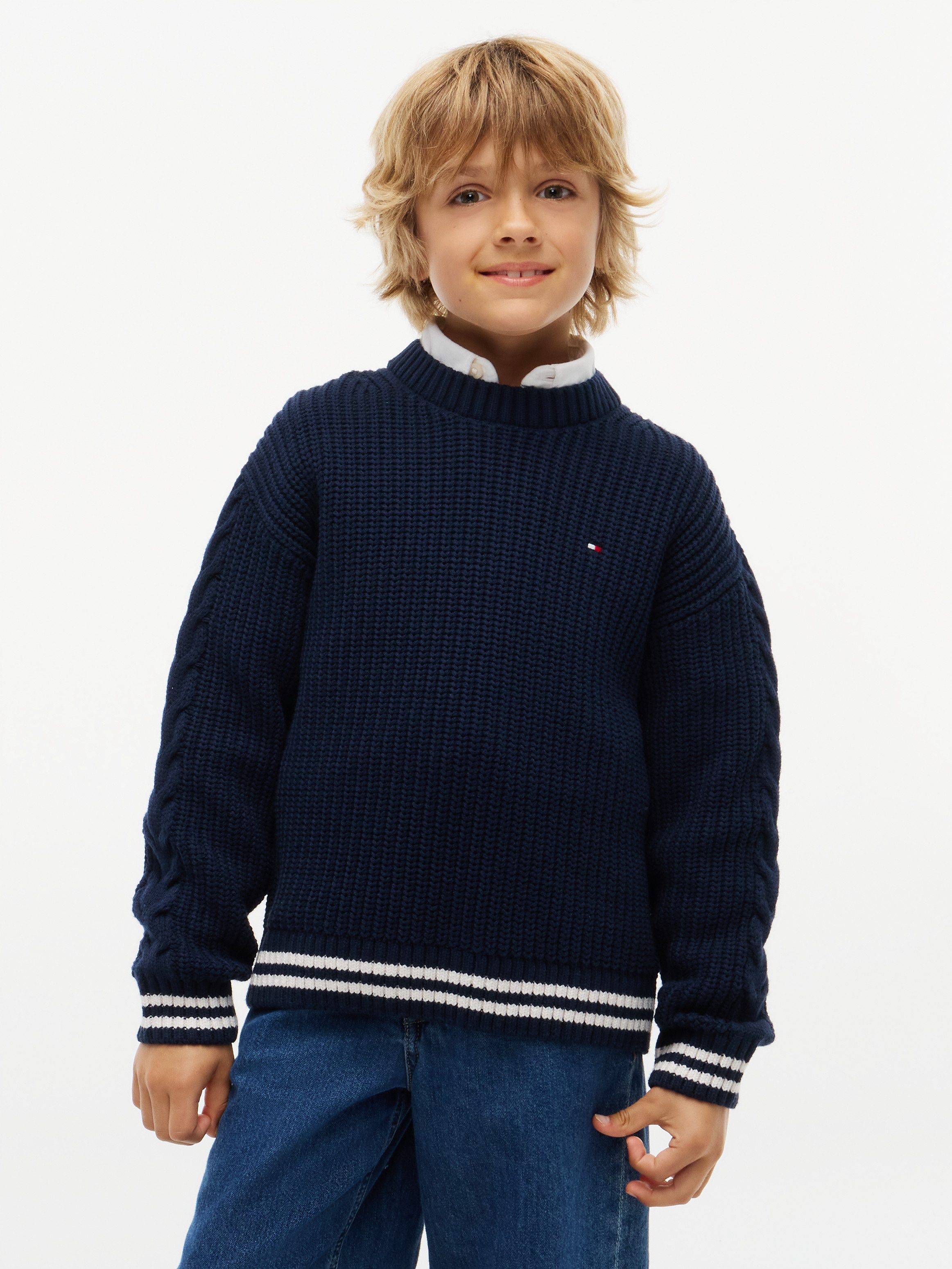 Tommy Hilfiger Strickpullover Rundhalsausschnitt, Regular Fit, Ringelbündchen, Kinder bis 16 Jahre