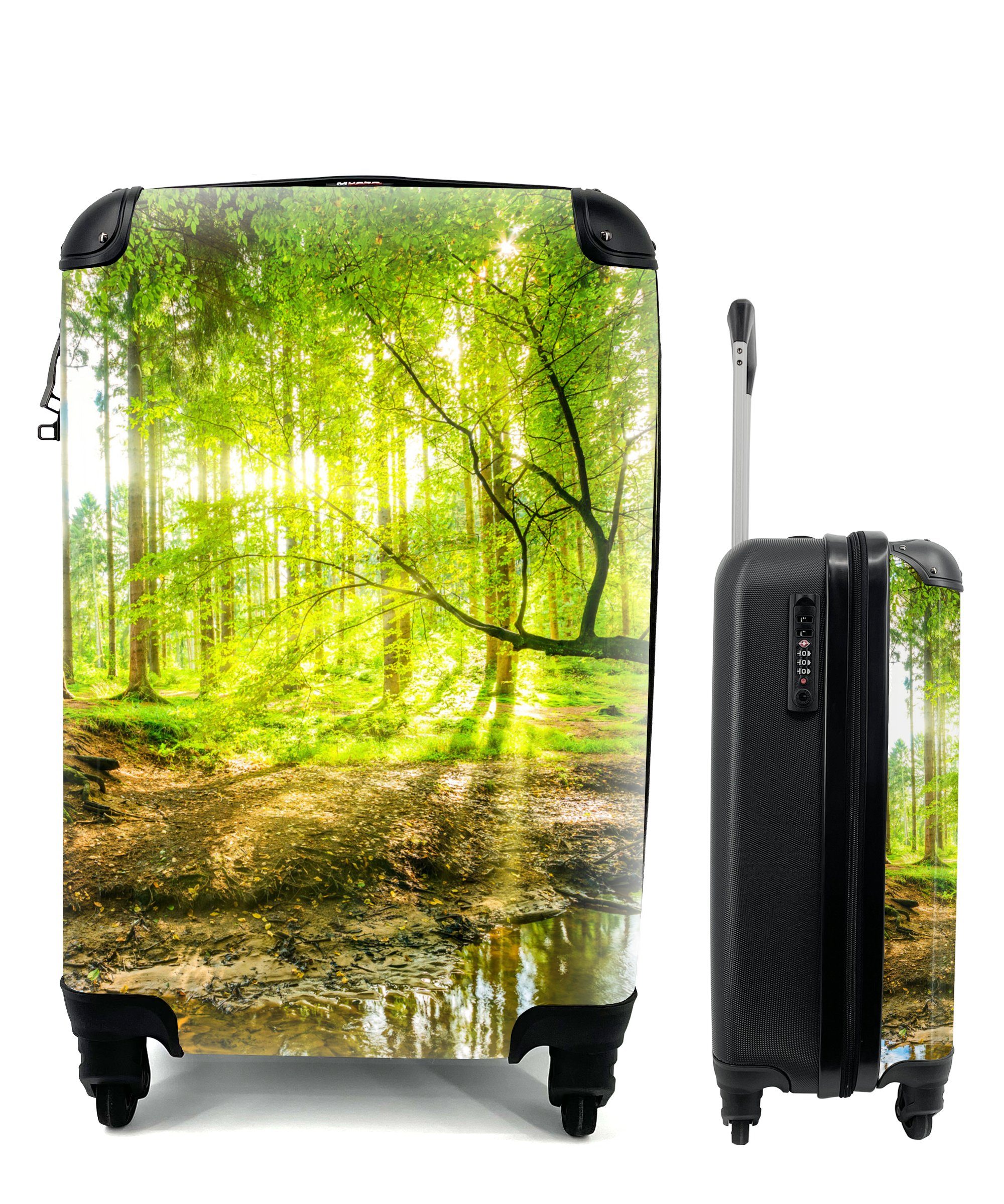 Trolley, Landschaft Handgepäckkoffer - - für Reisekoffer - Ferien, Reisetasche Wasser - mit Wald - Grün Rollen, rollen, Natur, Sonne Handgepäck MuchoWow 4 Bäume -