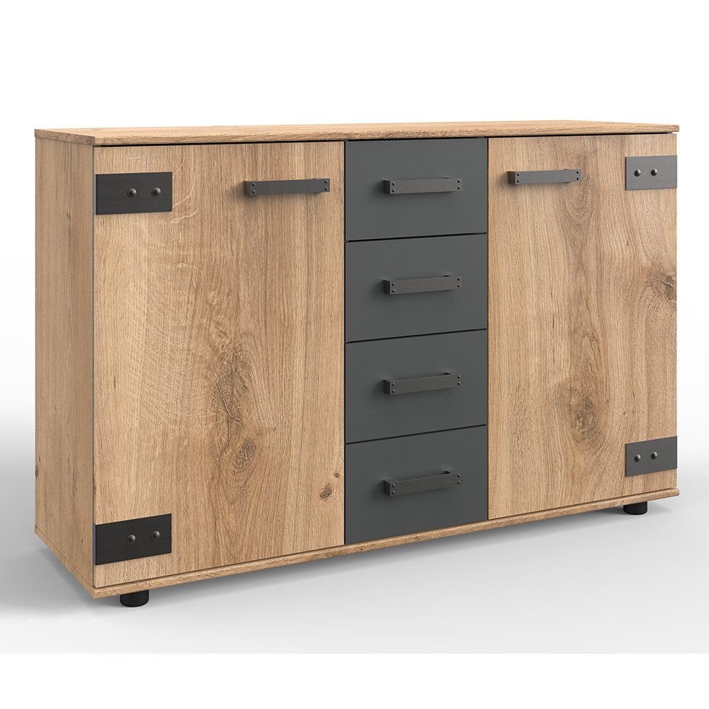 Lomadox Sideboard SUNDERLAND-43, Eiche graphit grau Industrial Design Kommode 130x83x41 cm