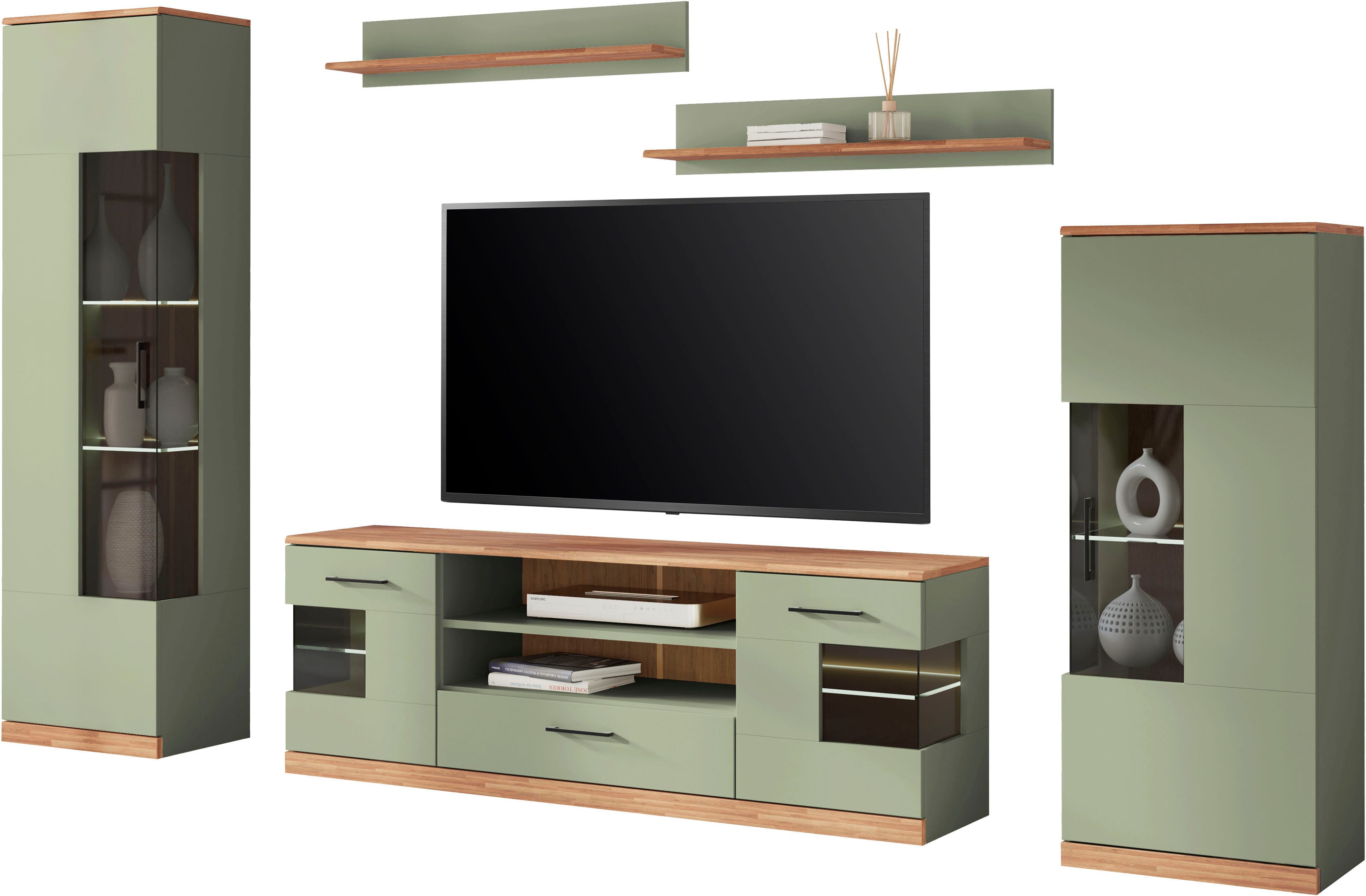 OTTO home Wohnwand Ribe: 5‑teilig, Oberplatte aus Massivholz, viel Stauraum, Trendfarbe, (5-St), Breite: 260cm, Glaseinsatz aus gehärtetem Glas, variable Einlegeboden