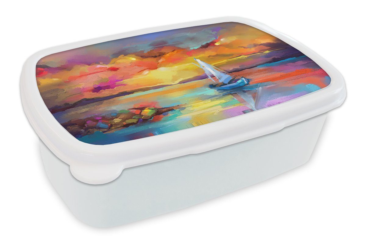 MuchoWow Lunchbox Malerei - Ölfarbe - Boot - Farben, Kunststoff, (2-tlg), Brotbox für Kinder und Erwachsene, Brotdose, für Jungs und Mädchen weiß