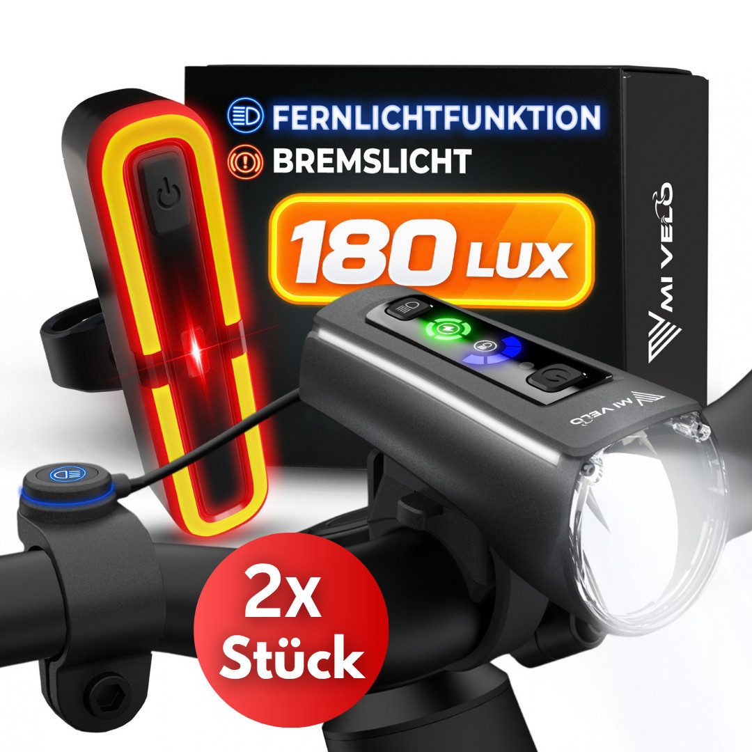 MIVELO Fahrradbeleuchtung AXIS Fahrradlicht Set mit FERNLICHT 180 Lux, Akku USB-C, StVZO, IPX5 Spritzwasserschutz, Rücklicht wahlweise mit Bremslichtfunktion