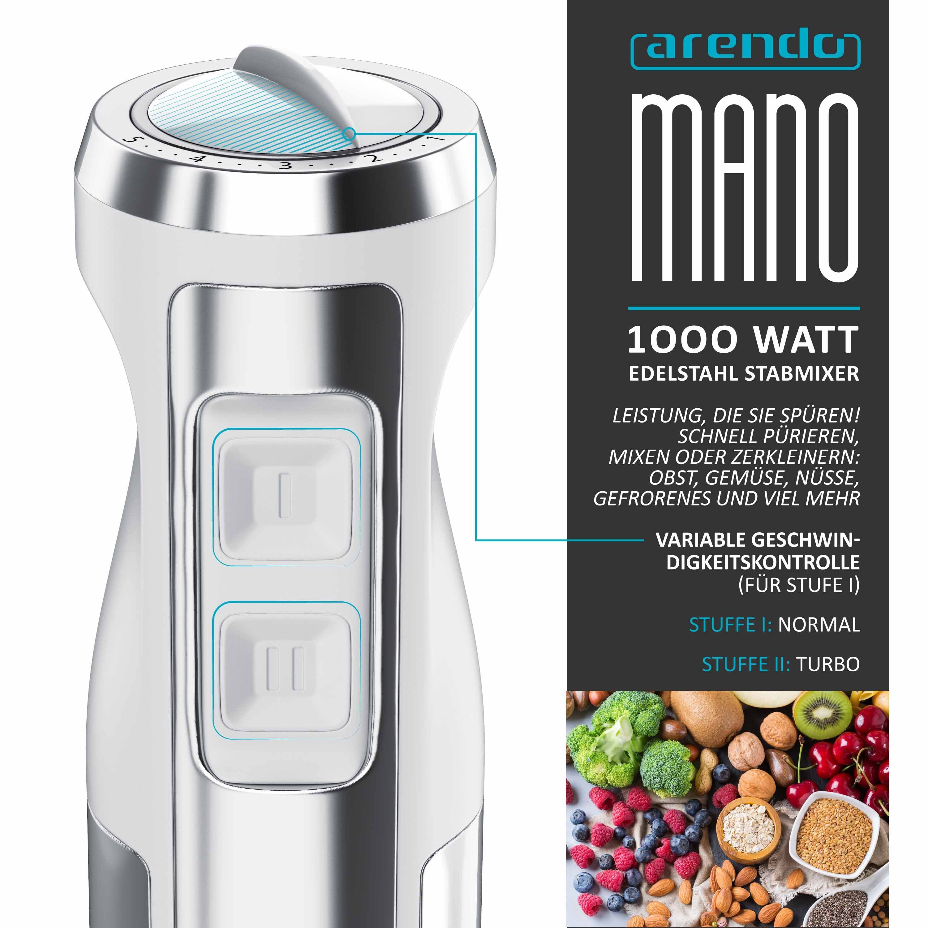 Arendo Stabmixer Edelstahl Pürierstab, Handmixer, stufenlose Regelung, weiß, 1000 W, Turbotaste, Abnehmbarer Mixfuß, GS-Zertifiziert