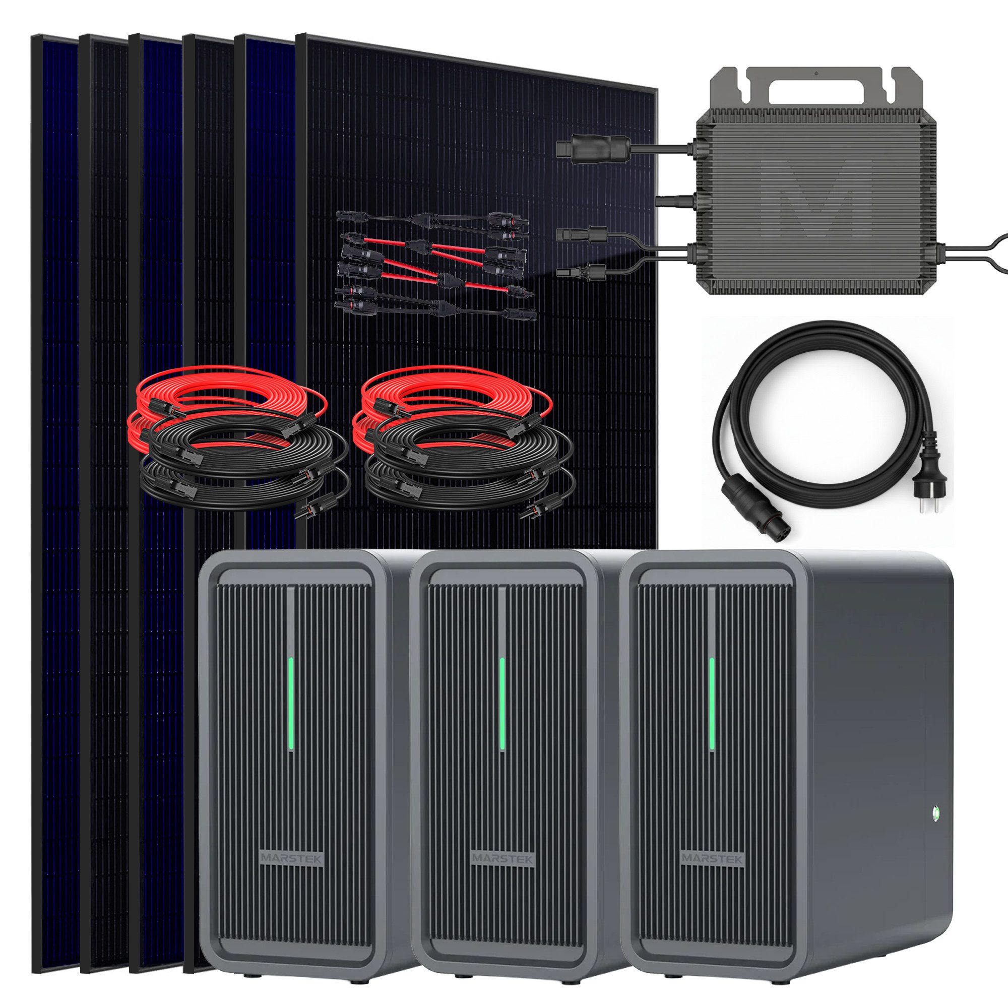 SUNNIVA Balkonkraftwerk 3000W mit 6,72 kWh Speicher, (MARSTEK 3x B2500-D, BIFAZIAL FULLBLACK komplett Steckdose, PV Solaranlage Komplettset mit Solarspeicher, 6x 500W N-Type Glas-Bifacial Module)