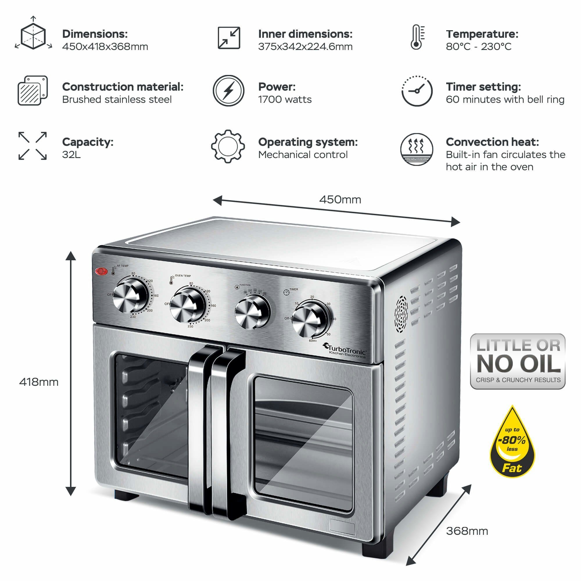 TurboTronic by Z-Line Minibackofen 1700 W 32 l Mini Backofen Airfryer Umluft Grill Drehspieß Pizzaofen, Tischbackofen, kleiner Backofen, Mini Ofen, Heißluftfritteuse, Toaster