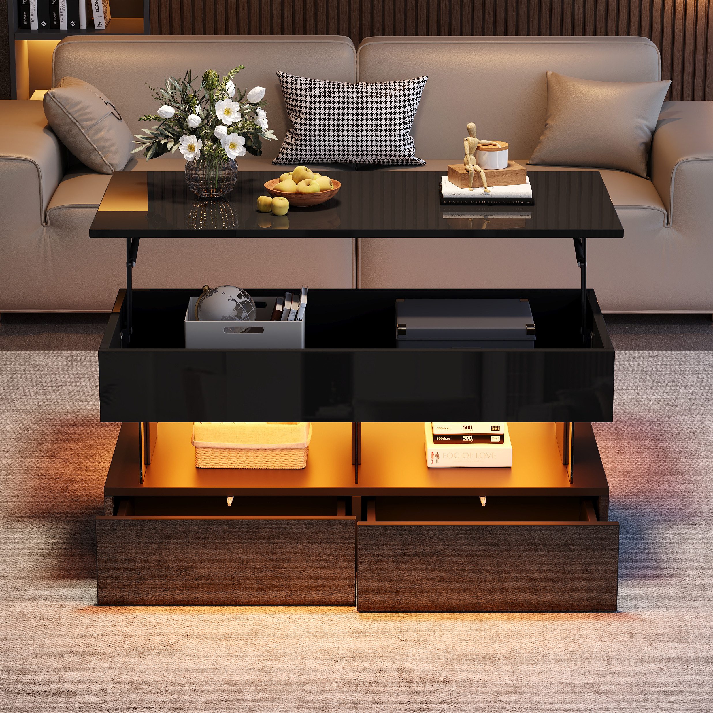 REDOM Couchtisch Moderner Hochglanz-Tisch mit Hebefunktion & LED-Beleuchtung (Packung, 1-St., Schwarz, 100×50×46 cm, für Wohnzimmer & Büro), APP-gesteuerte Lichtstreifen, 2 Schubladen, Acryl