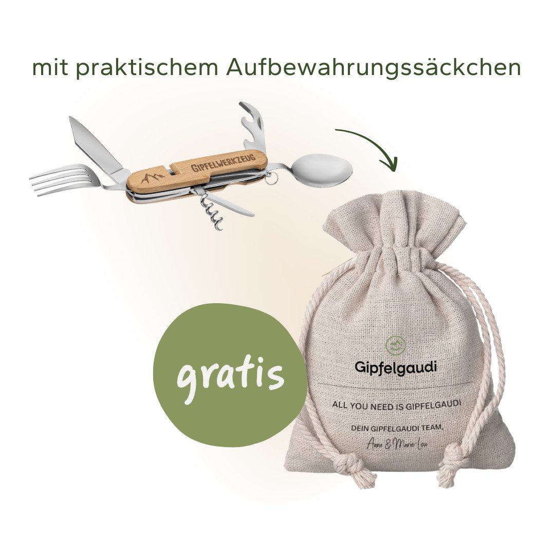 Gipfelgaudi Taschenmesser All-in-One Camping Besteck: ideal zum Wandern, Picknick & mehr, (2 St., teilbar), Teilbar in zwei Hälften, Robust, Plastikfrei