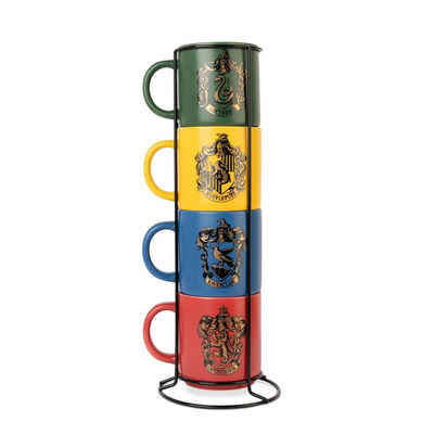 Grupo Erik Tasse Harry Potter Tassen 4er Set mit Metallständer, Porzellan