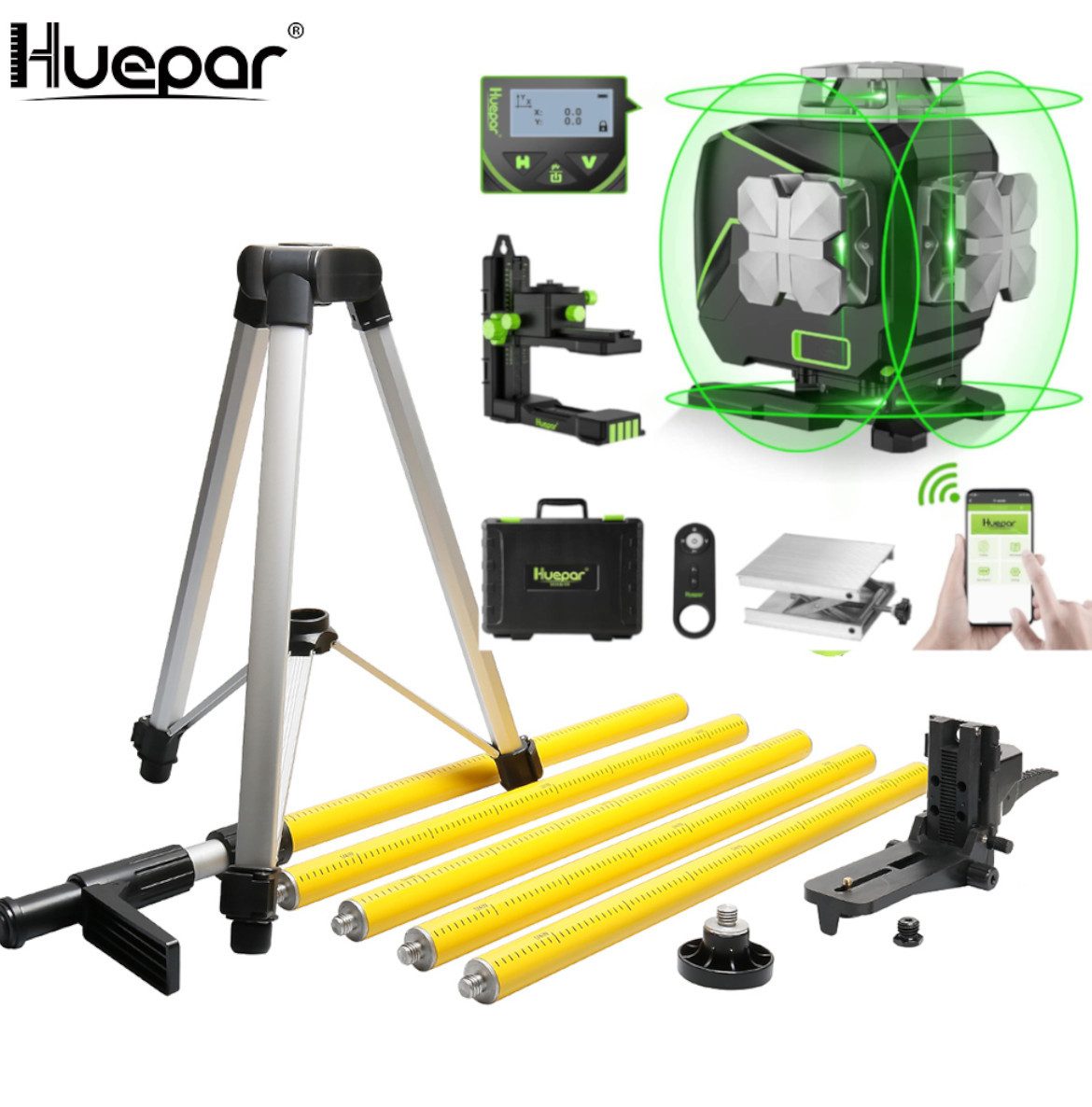 Huepar Kreuzlinienlaser Huepar S04CG LCD-Bildschirm 4D Laser mit Halterung und Hebebasis