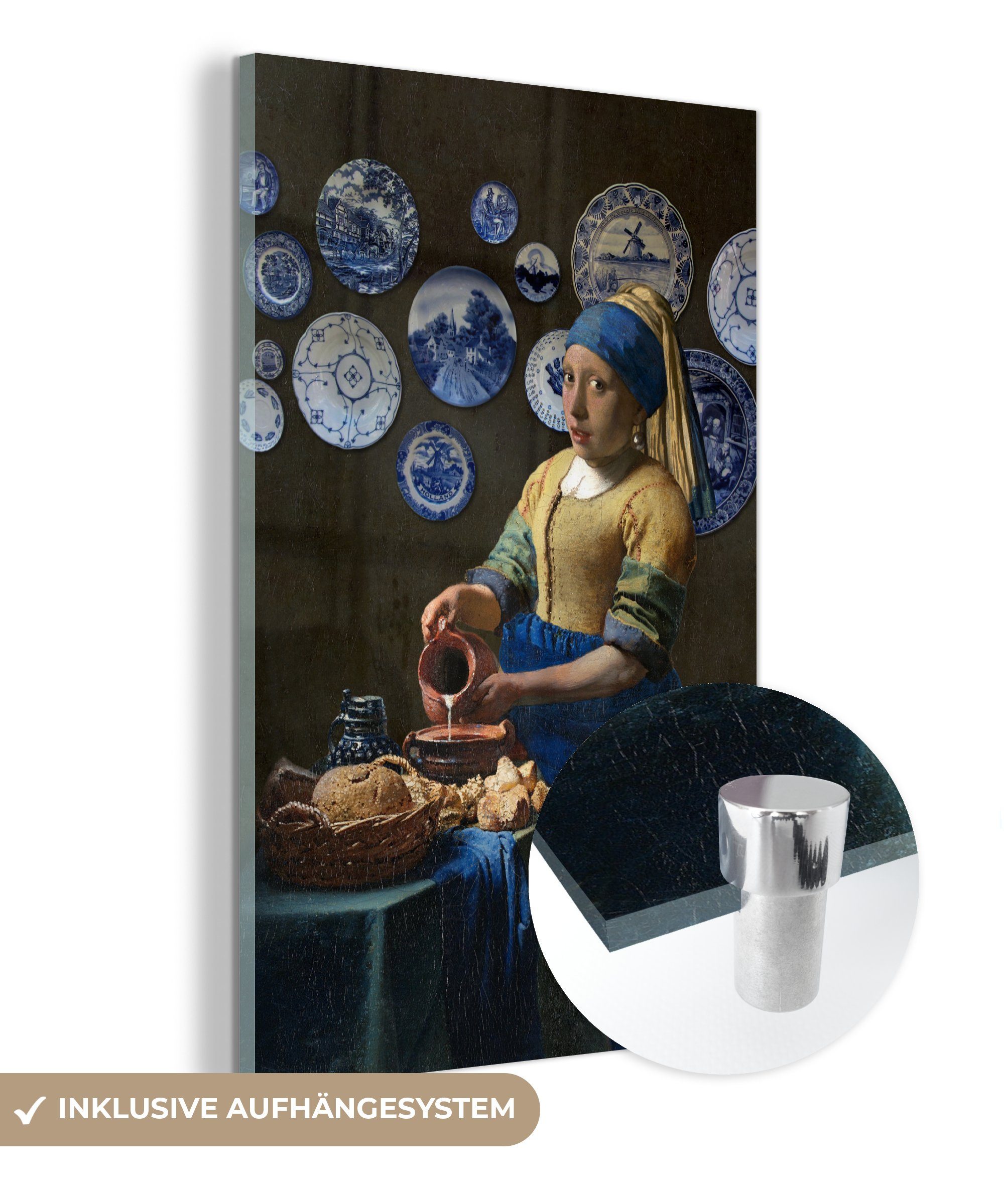 MuchoWow Acrylglasbild Milchmädchen - Mädchen mit Perlenohrring - Delfter Blau, (1 St), Glasbilder - Bilder auf Glas Wandbild - Foto auf Glas - Wanddekoration