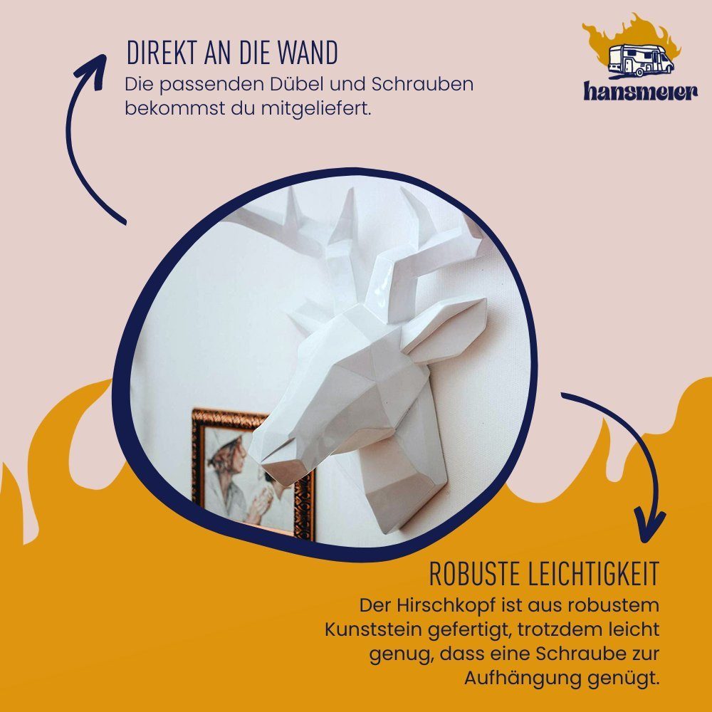 Hansmeier Wanddekoobjekt Hirsch Wandskulptur - Hirschkopf 3D Deko Schädel - Robustes Material – Bild 3 von 5