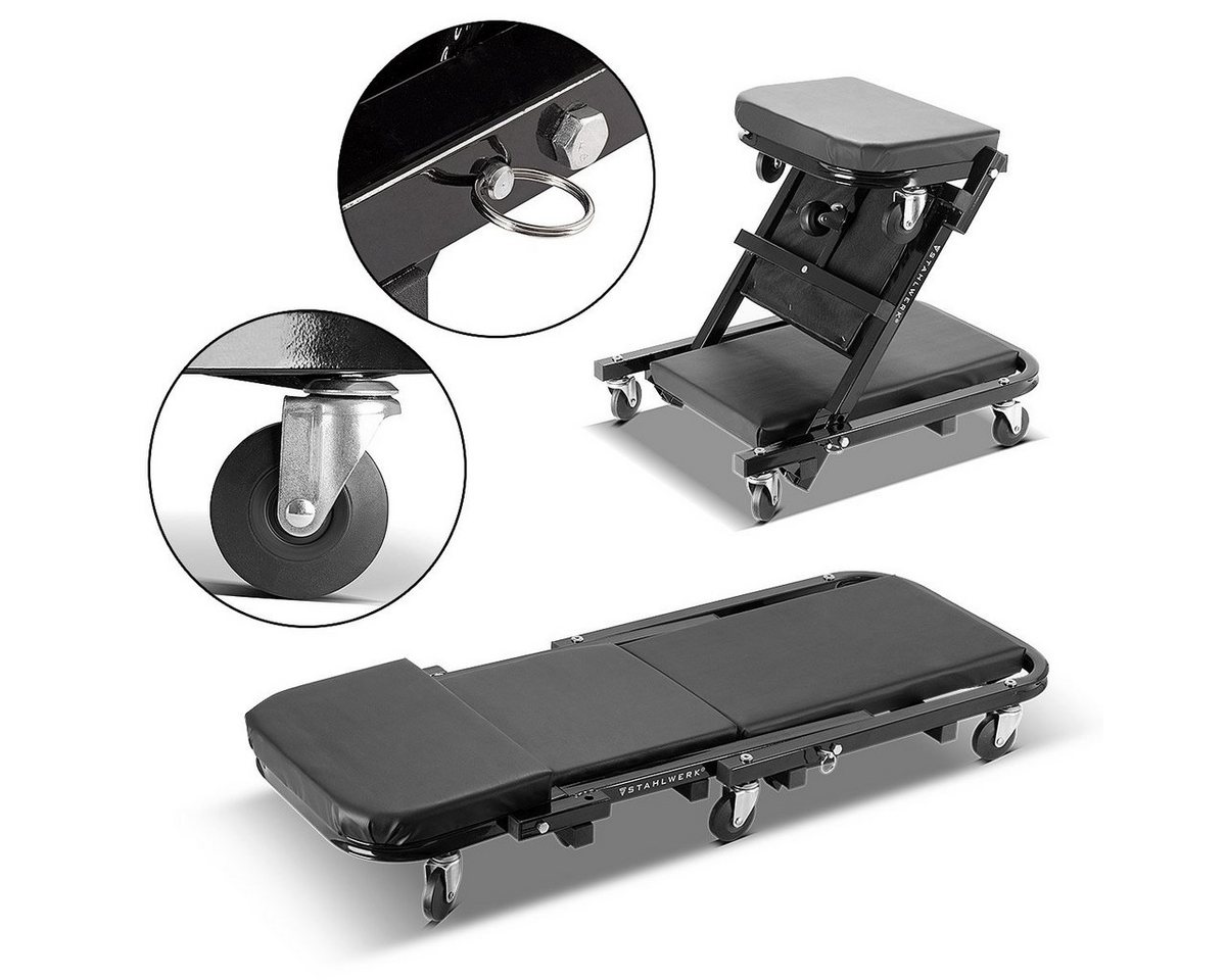 STAHLWERK Rollbrett 2 in 1 Werkstatthocker bis 150 kg Kfz Werkstattliege Montagerollbrett, (Packung, 1-St), geeignet für Montagearbeiten unter Fahrzeugen