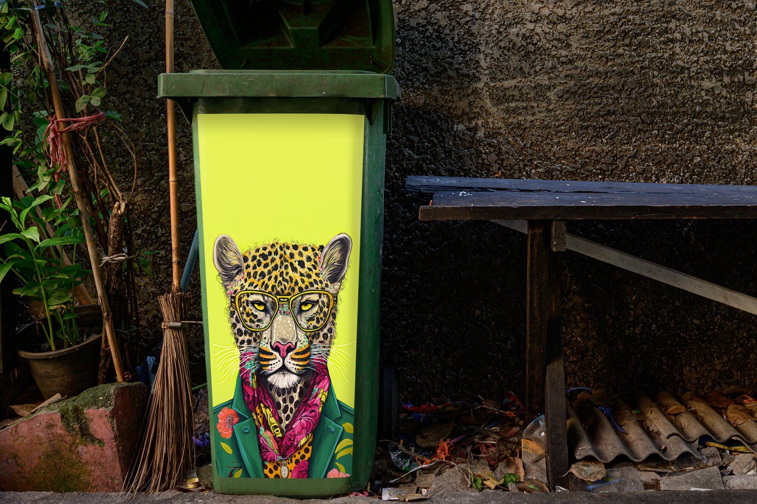 MuchoWow Wandsticker Mülltonne, - St), (1 Farben - Abfalbehälter Container, Sticker, Mülleimer-aufkleber, - Panther Brillen Tier