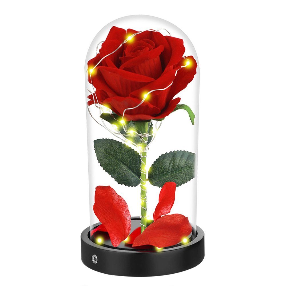 Kunstblume Rose im Glas: Edle Kunst-Rose & Bär, mit LED Lichter,ewige Blumen, Sunicol, Höhe 22 cm, für Hochzeit Muttertag Geburtstag Valentinstag Geschenk Rote Blume