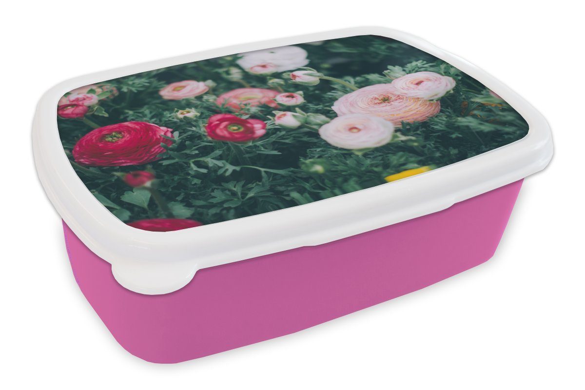 Kunststoff, MuchoWow Brotbox Kunststoff - - Blätter Snackbox, Blumen Erwachsene, Lunchbox Brotdose Kinder, für (2-tlg), Mädchen, Rosa,