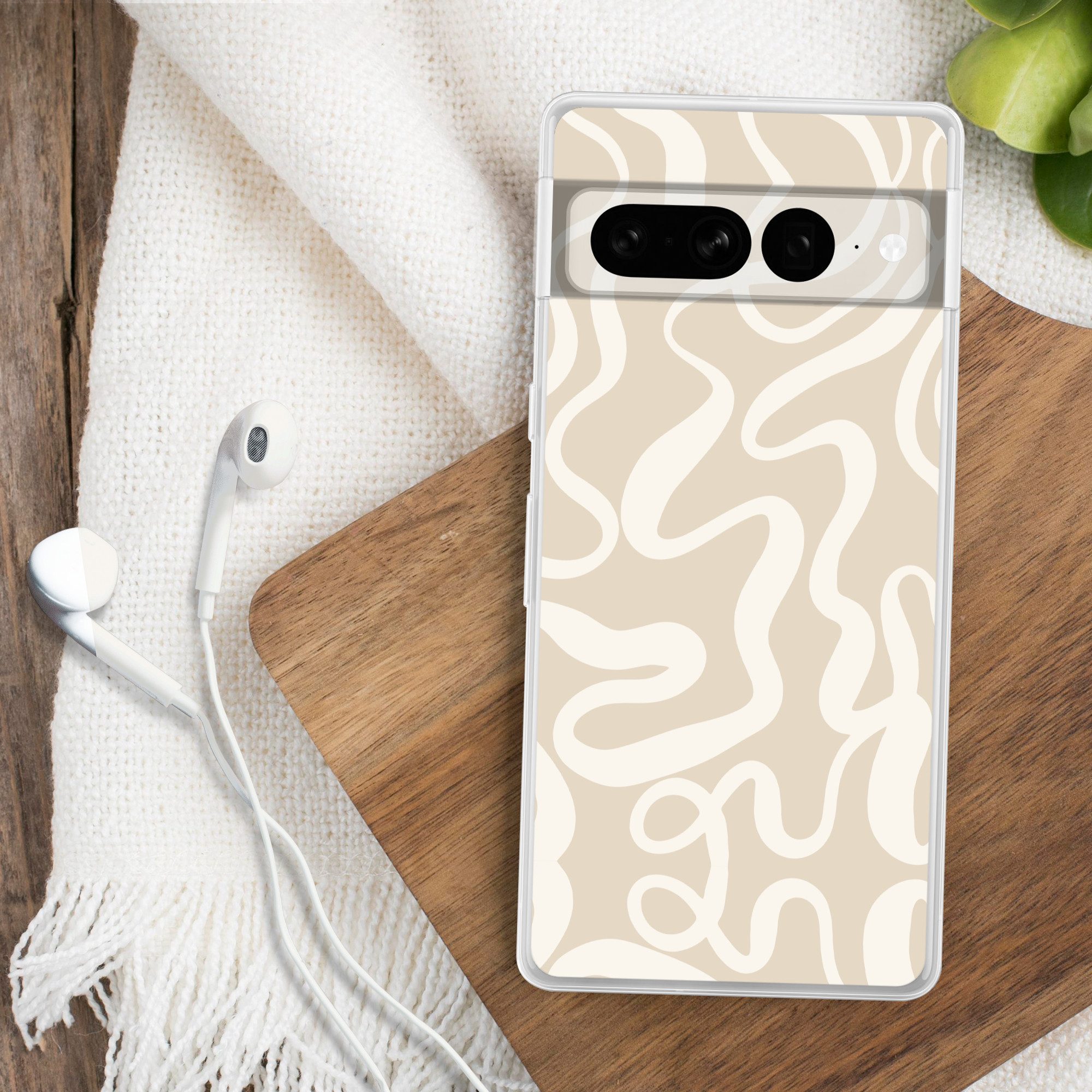 MuchoWow Handyhülle für Google Pixel 7 Pro Linien - Abstrakt - Beige - Weiß - Minimalistis, Phone Case, Silikon, Schutzhülle Dünn