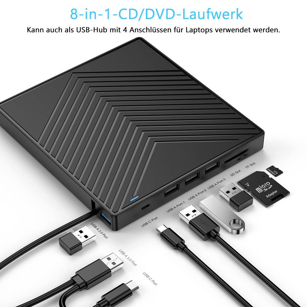TUWENA Externes DVD Laufwerk, Plug-and-Play CD Laufwerk, mit SD/TF-Anschluss DVD-Brenner