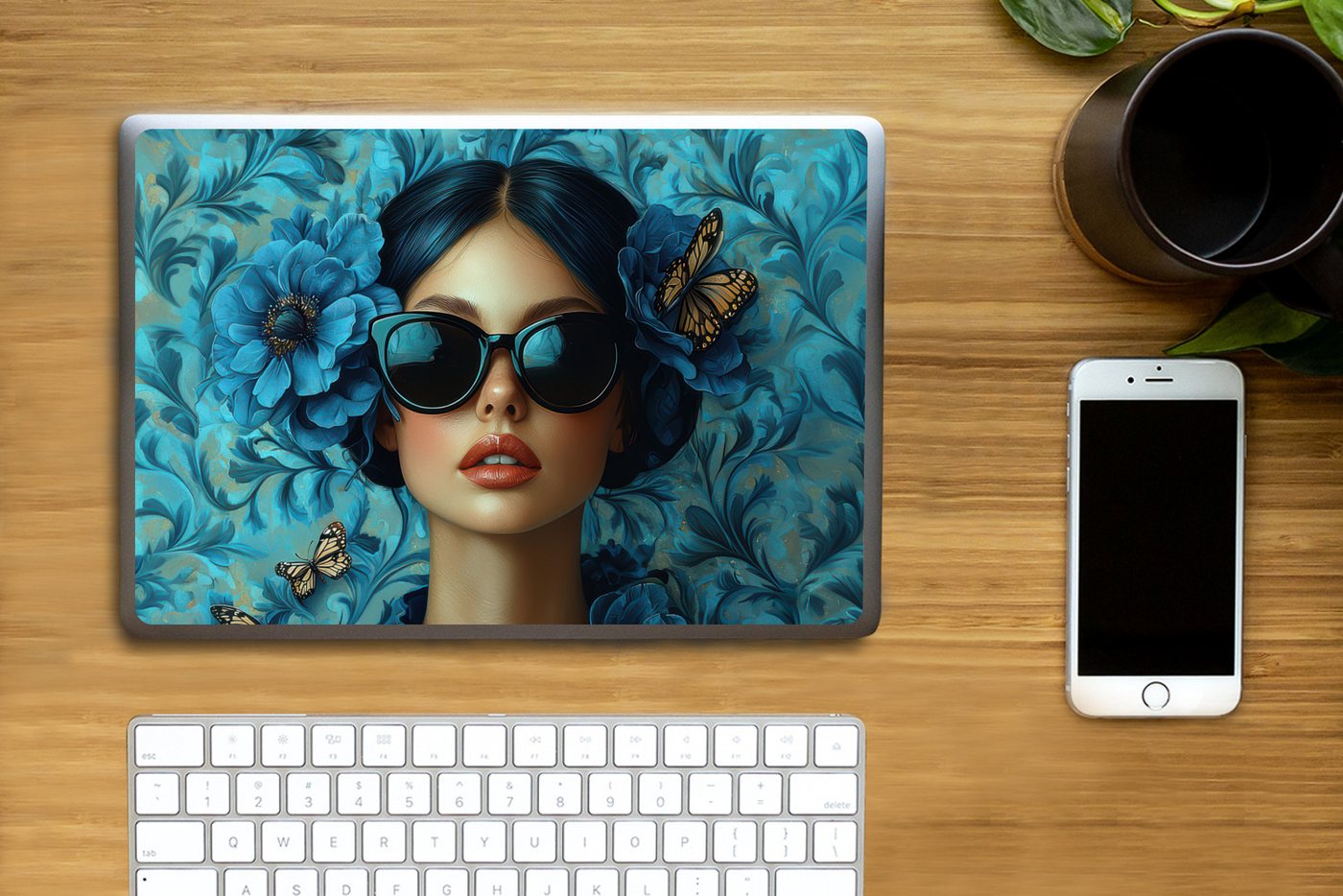 Thumbnail - MuchoWow Laptop-Aufkleber Frau - Blumen - Schmetterlinge - Blau - Abstrakt, (1tlg), Laptop Folien Cover, Aufkleber, Stic...