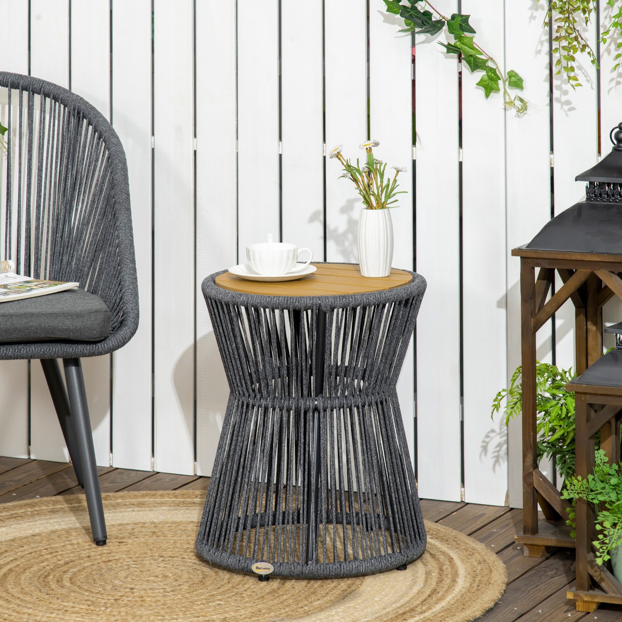 Outsunny Beistelltisch Bistrotisch, Kaffeetisch mit verstellbaren Füßen, für Terrasse (Kaffeetisch, 1-St., Ratten Beistelltisch), Dunkelgrau+Natur, 39 x 39 x 49 cm