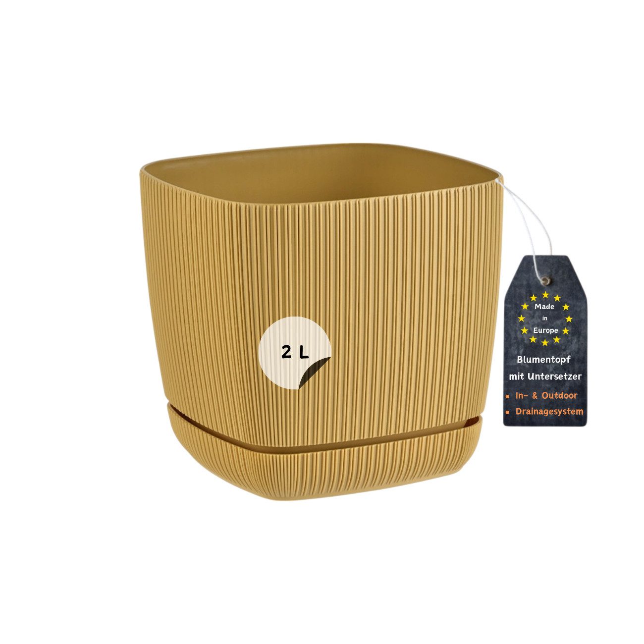 Engelland Blumentopf Pflanztopf mit Drainagesystem & Untersetzer (15 x 15 cm, 2 Liter, 1 St., robuster PP-Kunststoff), eckig, Rillenoptik, UV-resistent, direkte Bepflanzung