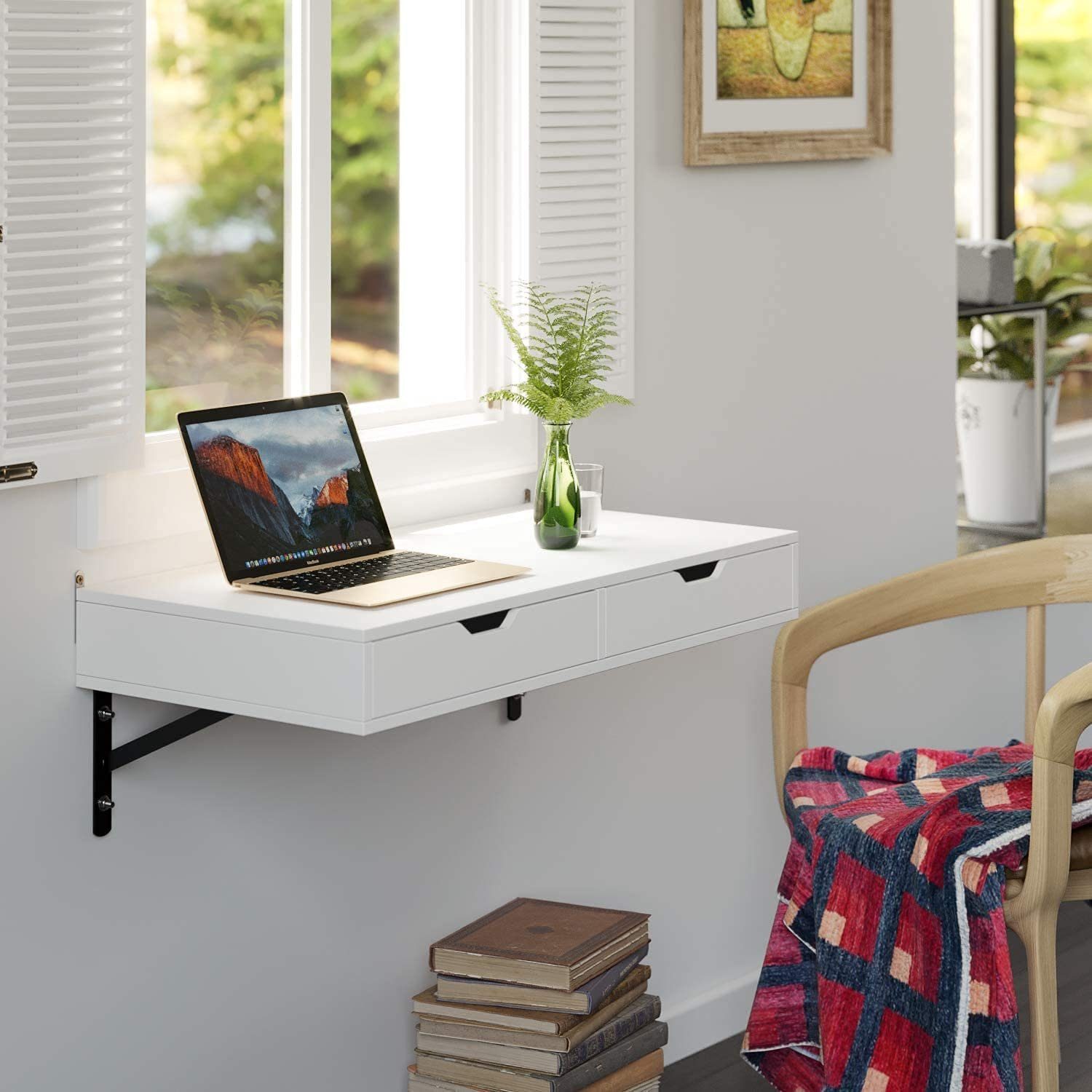 Homfa Schreibtisch, Wandtisch, Küchentisch, mit 2 Schubladen,Holz, Weiß