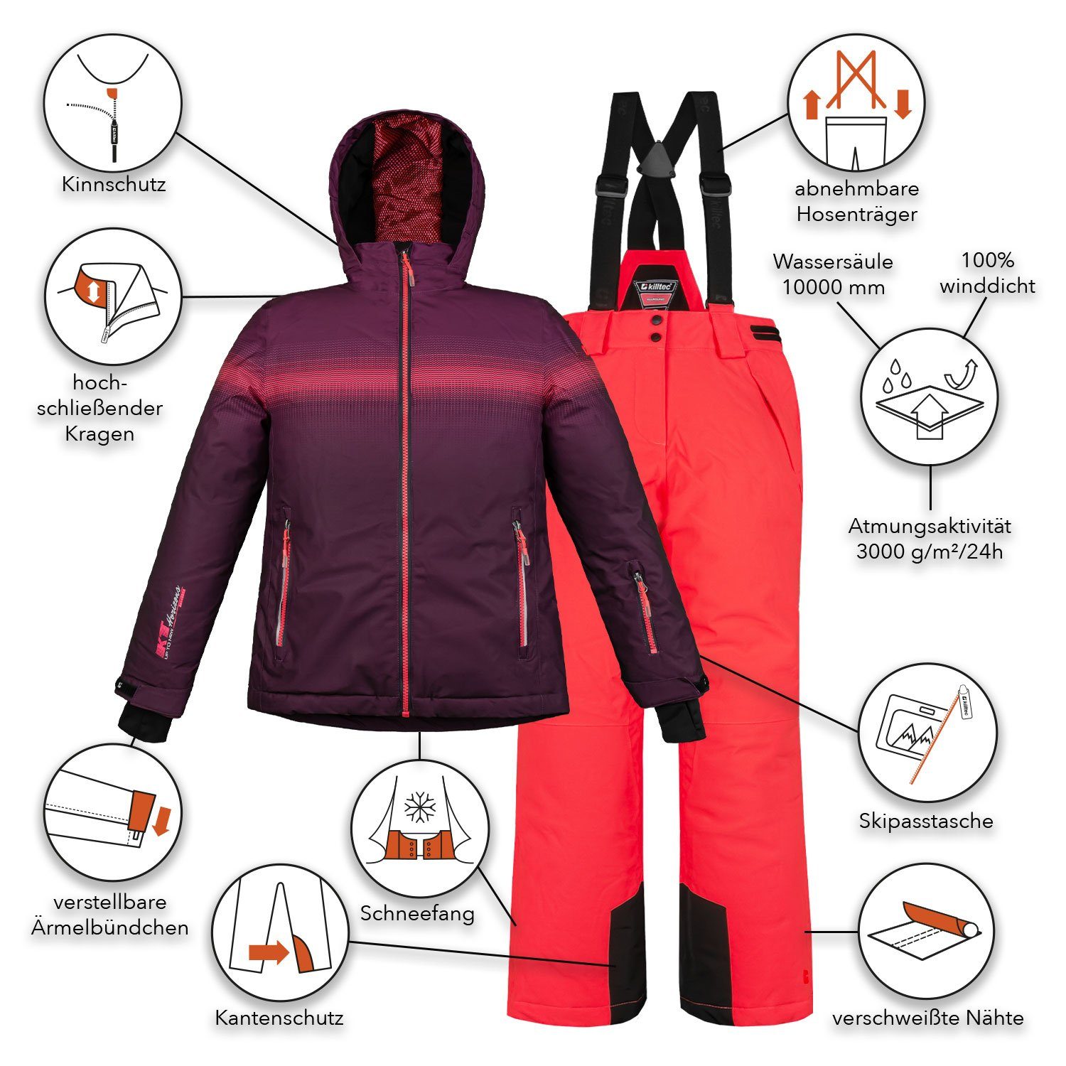 Killtec Skianzug Kinderskianzug Mädchen Skijacke lila + Skihose neon orange